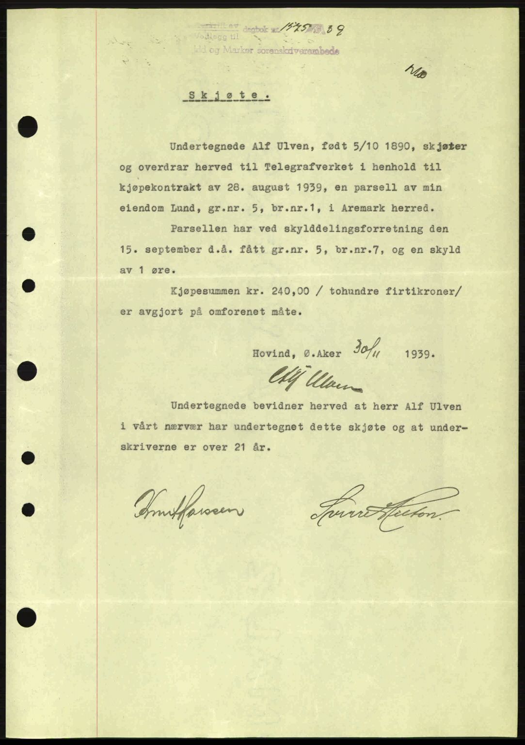 Idd og Marker sorenskriveri, AV/SAO-A-10283/G/Gb/Gbb/L0003: Mortgage book no. A3, 1938-1939, Diary no: : 1575/1939