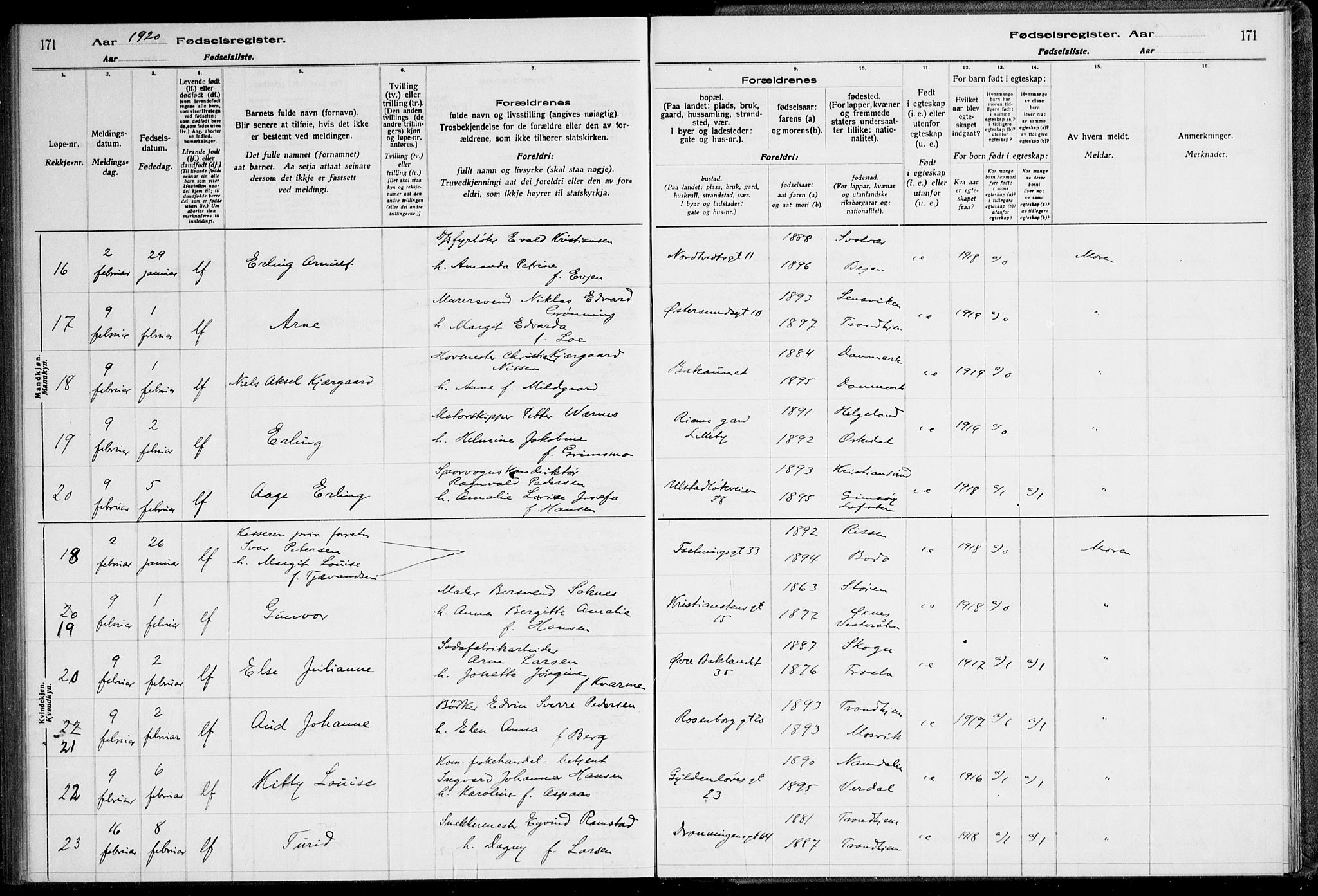 Ministerialprotokoller, klokkerbøker og fødselsregistre - Sør-Trøndelag, AV/SAT-A-1456/600/L0002: Birth register no. 600.II.4.1, 1916-1920, p. 171