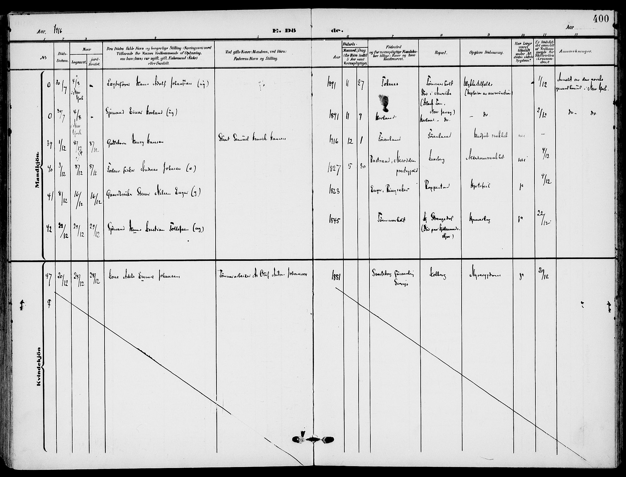 Nøtterøy kirkebøker, AV/SAKO-A-354/F/Fa/L0010: Parish register (official) no. I 10, 1908-1919, p. 400