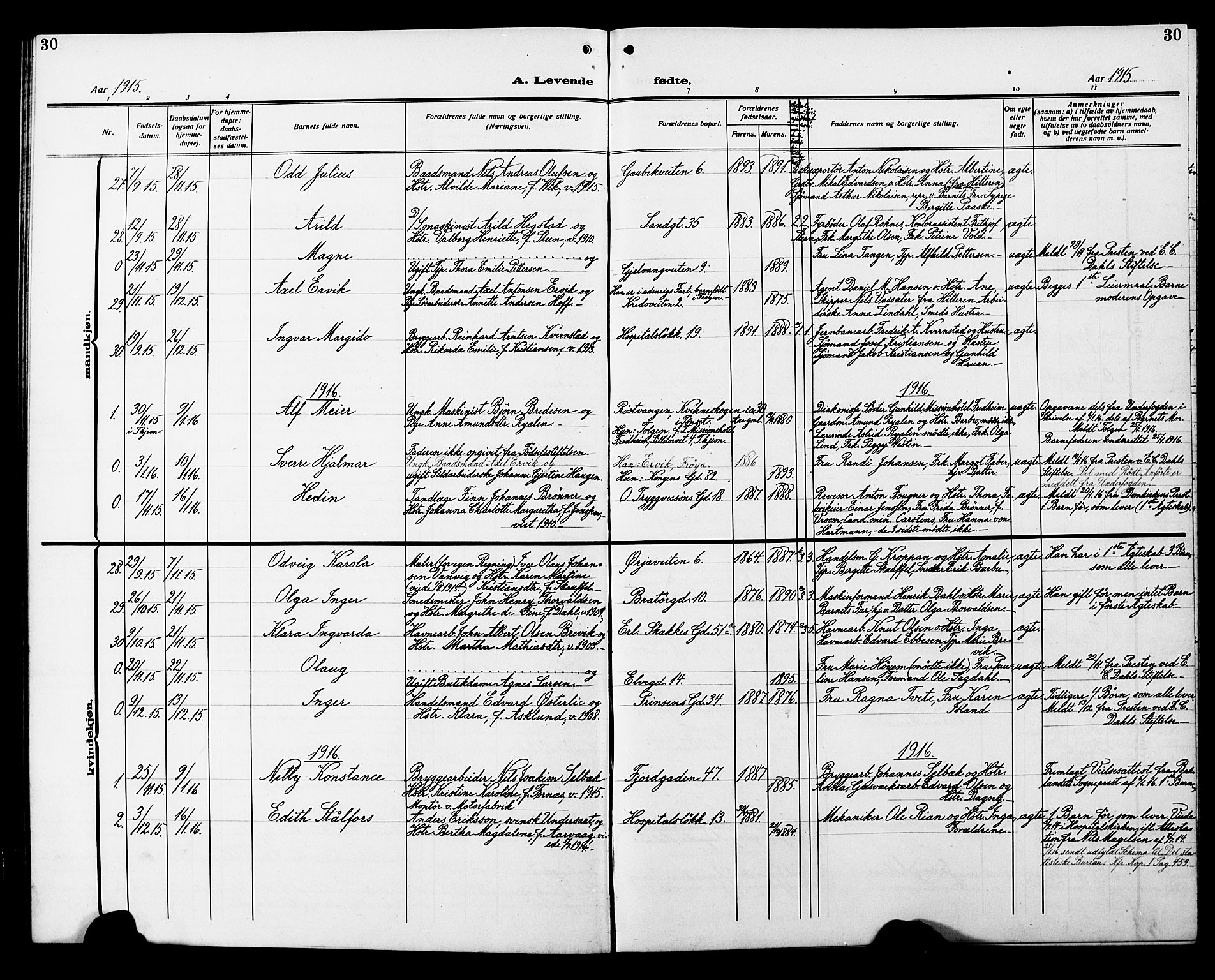 Ministerialprotokoller, klokkerbøker og fødselsregistre - Sør-Trøndelag, SAT/A-1456/602/L0147: Parish register (copy) no. 602C15, 1911-1924, p. 30