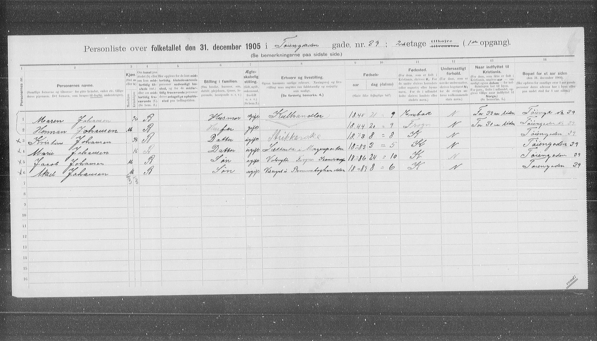 OBA, Municipal Census 1905 for Kristiania, 1905, p. 61716