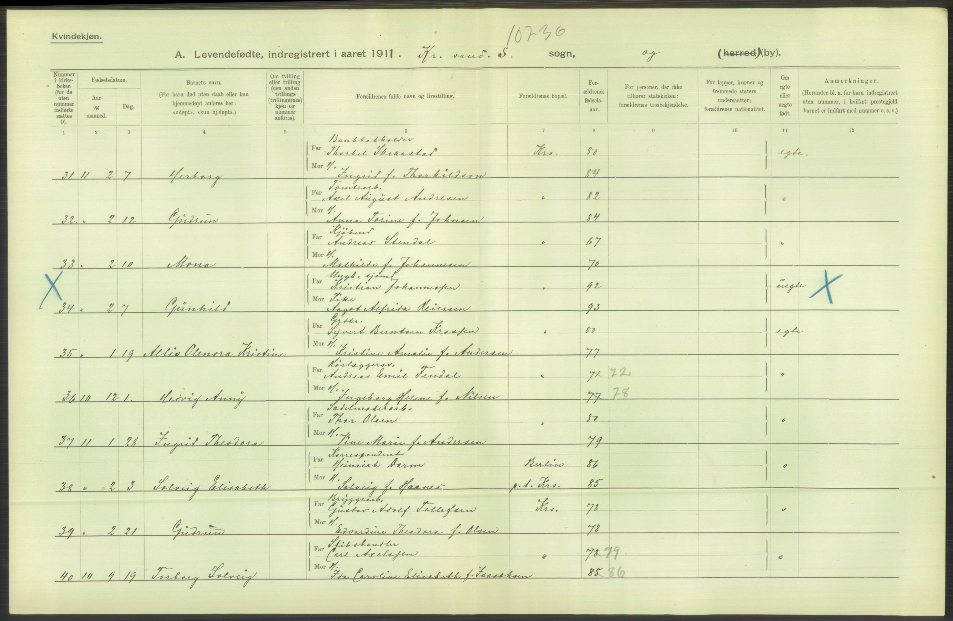 Statistisk sentralbyrå, Sosiodemografiske emner, Befolkning, AV/RA-S-2228/D/Df/Dfb/Dfba/L0023: Lister og Mandals amt:  Levendefødte menn og kvinner. Bygder og byer., 1911, p. 32