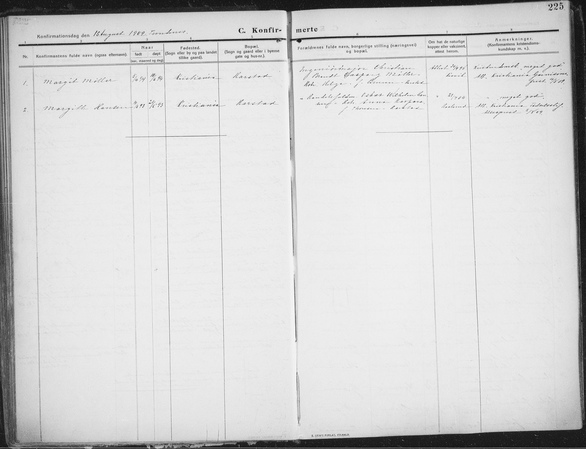 Trondenes sokneprestkontor, AV/SATØ-S-1319/H/Ha/L0018kirke: Parish register (official) no. 18, 1909-1918, p. 225