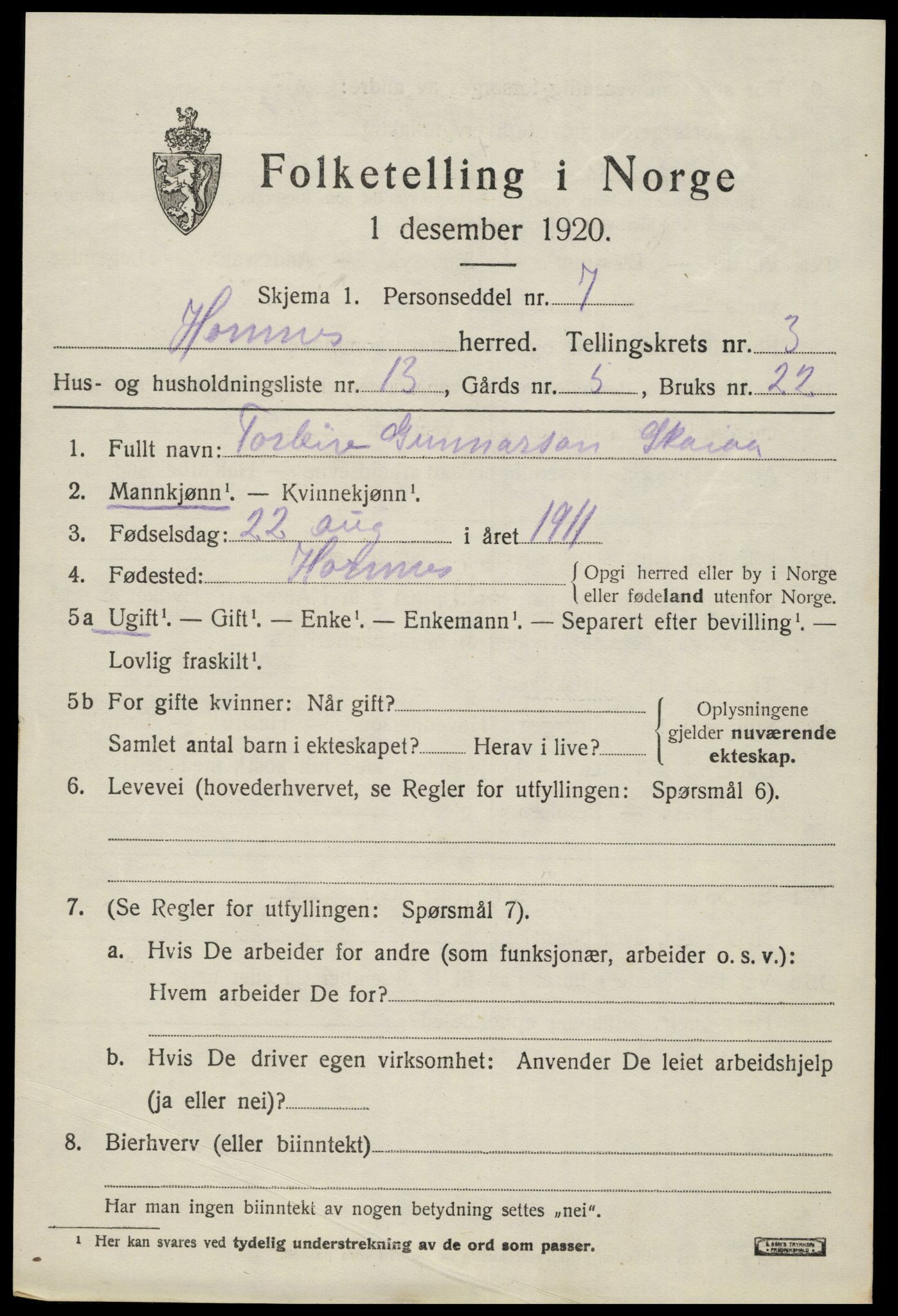 SAK, 1920 census for Hornnes, 1920, p. 955