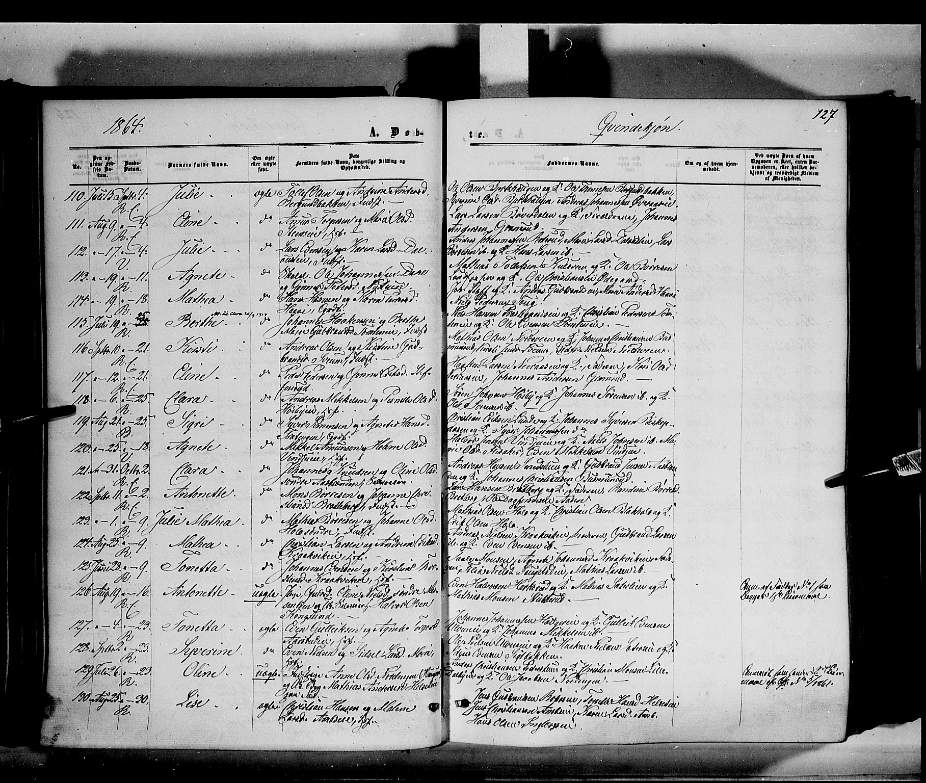 Ringsaker prestekontor, AV/SAH-PREST-014/K/Ka/L0010: Parish register (official) no. 10, 1861-1869, p. 127