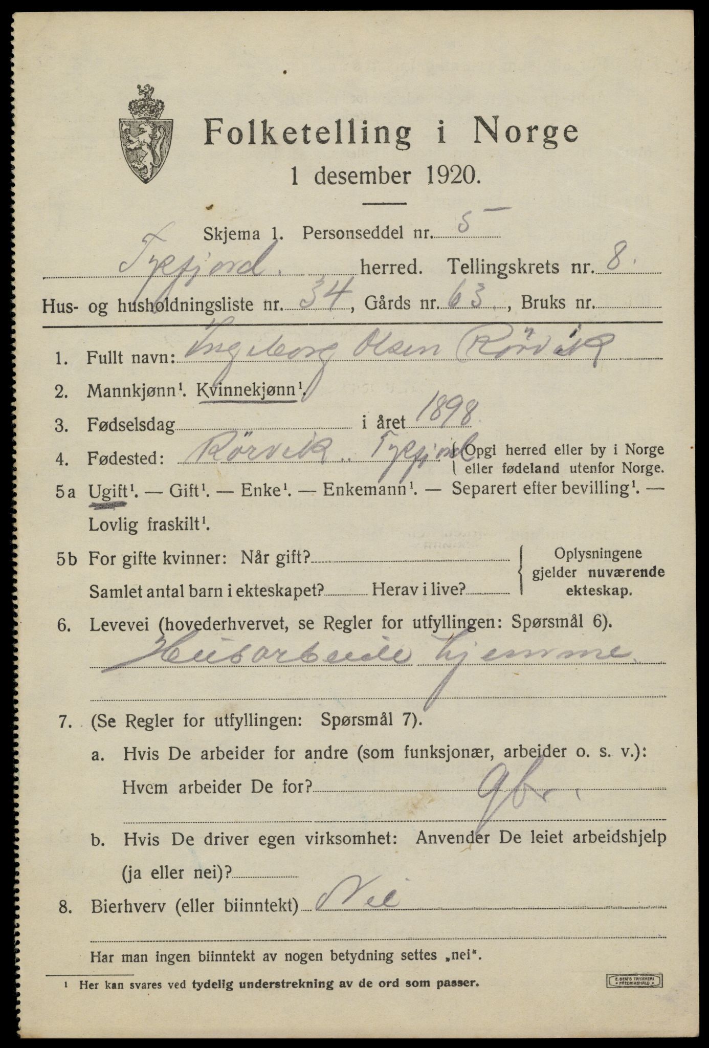 SAT, 1920 census for Tysfjord, 1920, p. 6251