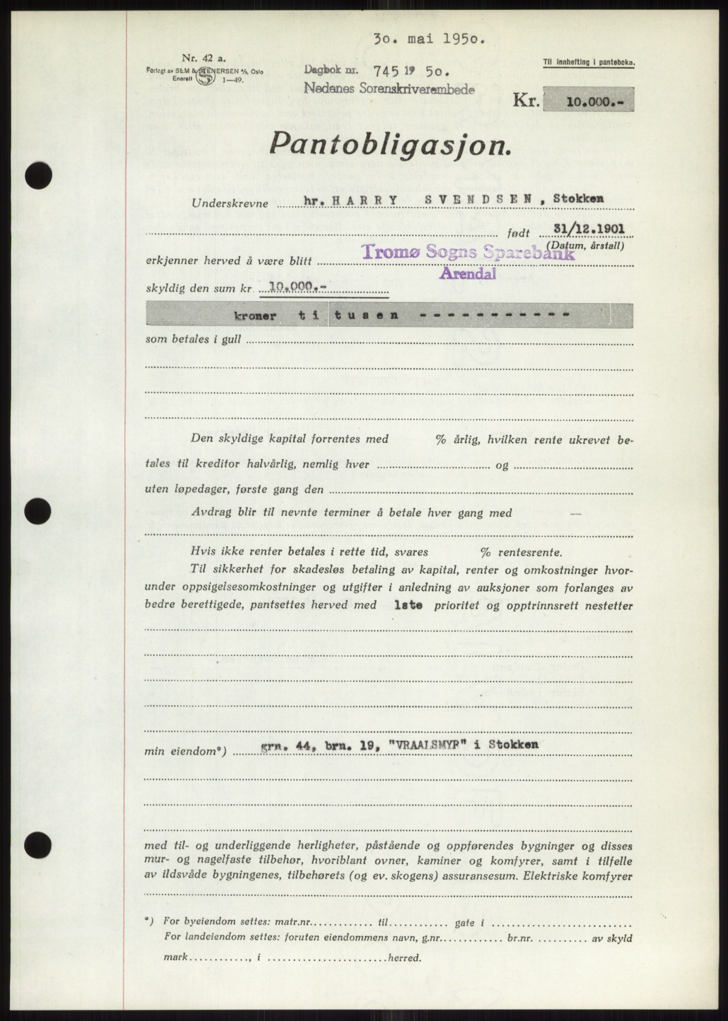 Nedenes sorenskriveri, SAK/1221-0006/G/Gb/Gbb/L0007: Mortgage book no. B7, 1949-1950, Diary no: : 745/1950
