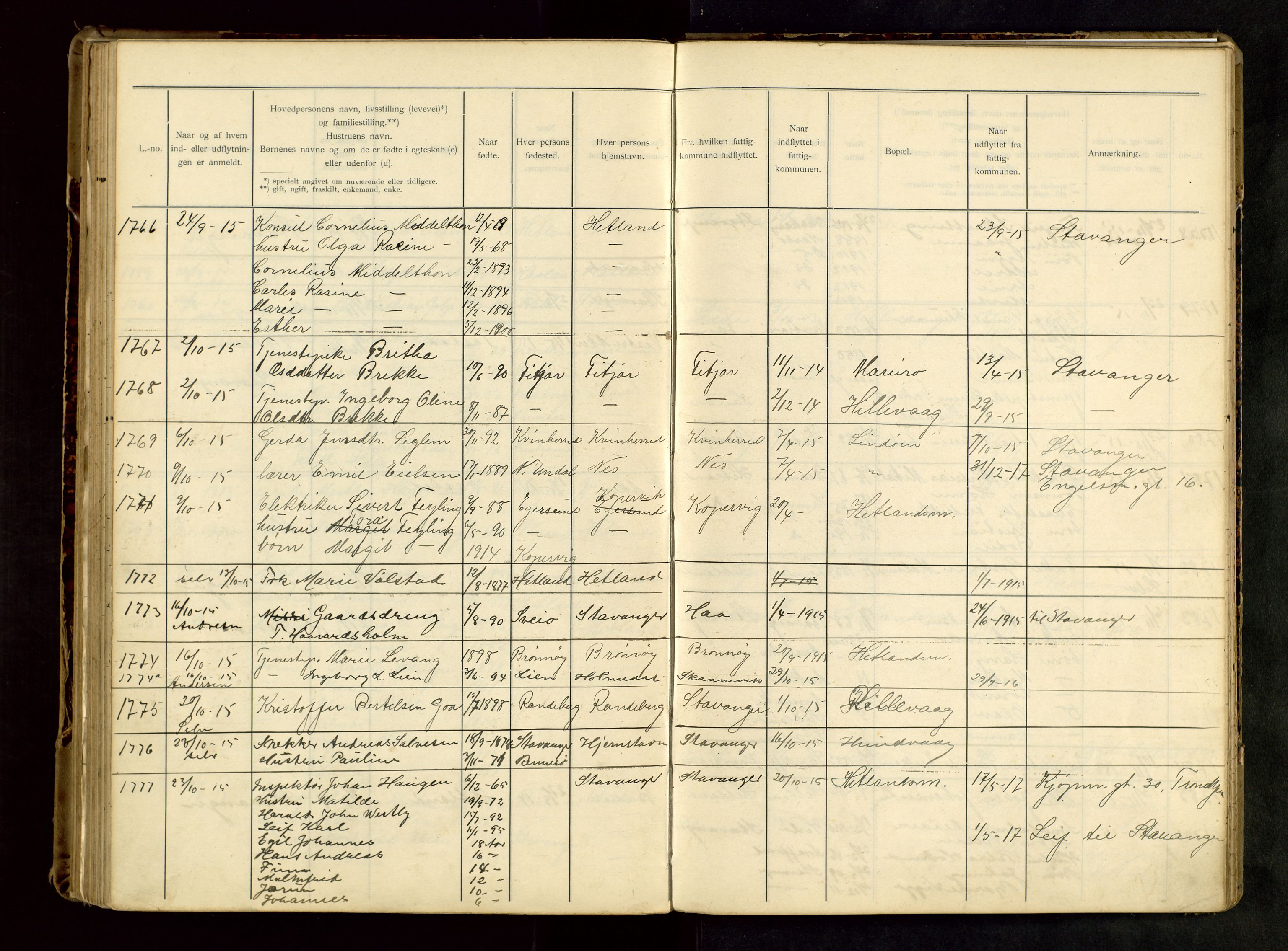 Hetland lensmannskontor, SAST/A-100101/Gwa/L0001: Flytteprotokoll (er delt i to: 1a og 1b), 1901-1918, p. 155