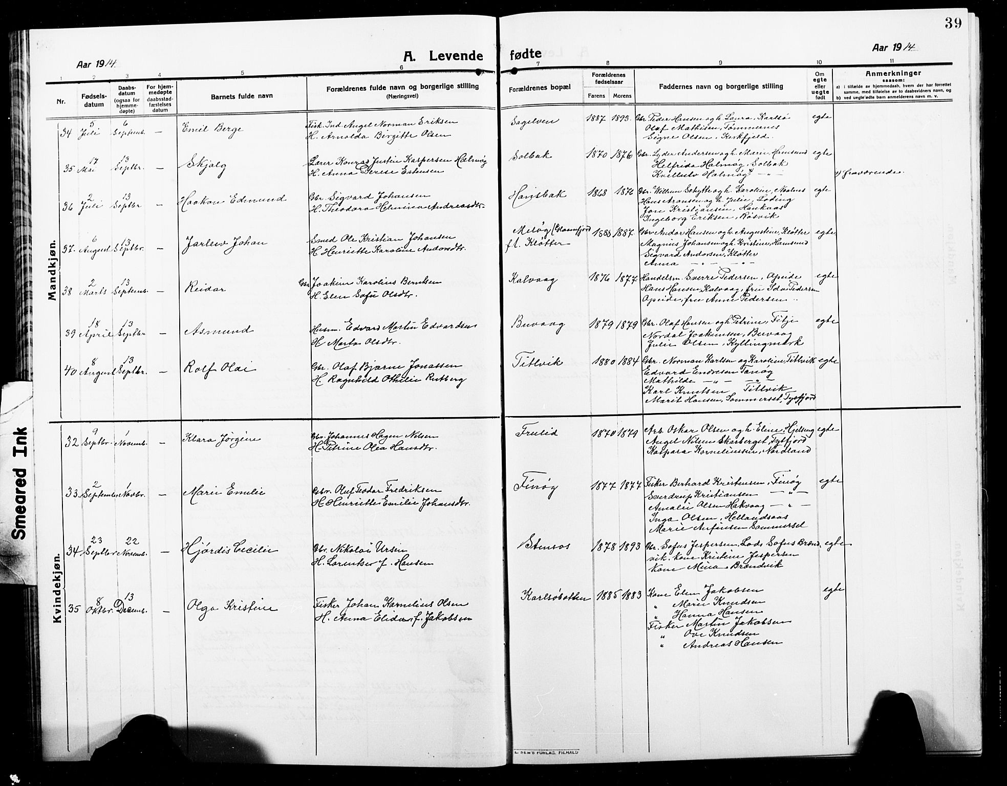 Ministerialprotokoller, klokkerbøker og fødselsregistre - Nordland, AV/SAT-A-1459/859/L0861: Parish register (copy) no. 859C07, 1910-1925, p. 39