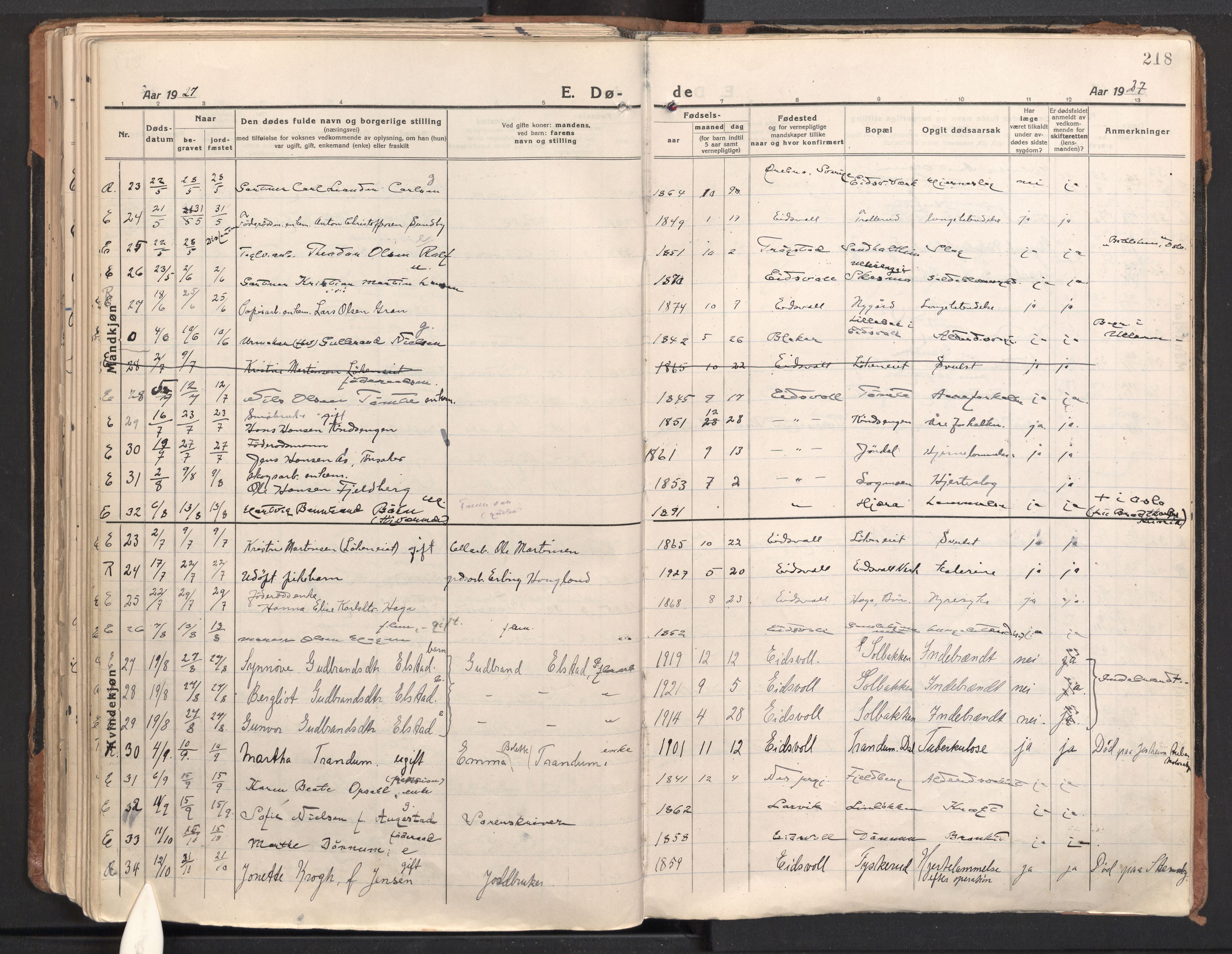 Eidsvoll prestekontor Kirkebøker, SAO/A-10888/F/Fa: Parish register (official) no. I 10, 1920-1933, p. 218
