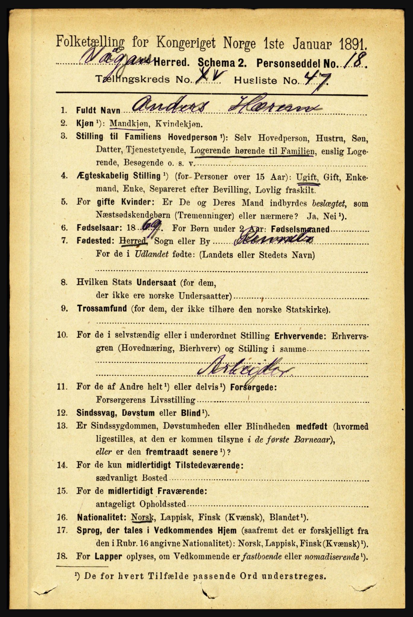 RA, 1891 census for 1865 Vågan, 1891, p. 4505