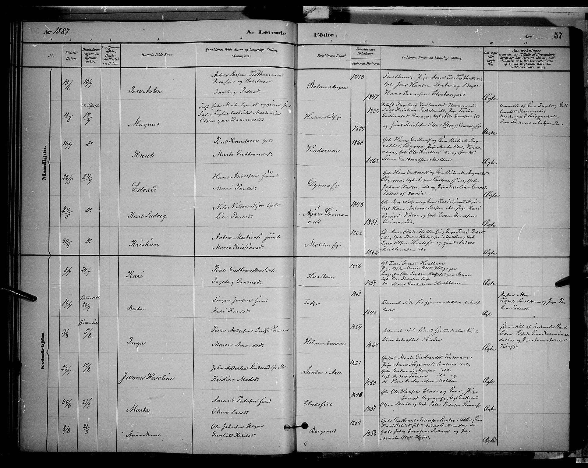 Gran prestekontor, AV/SAH-PREST-112/H/Ha/Hab/L0002: Parish register (copy) no. 2, 1879-1892, p. 57