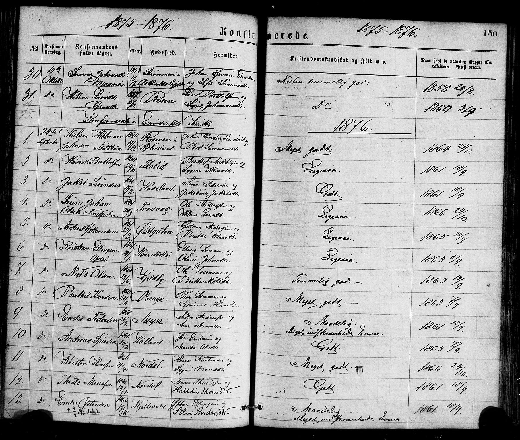 Gulen sokneprestembete, AV/SAB-A-80201/H/Haa/Haaa/L0023: Parish register (official) no. A 23, 1870-1880, p. 150