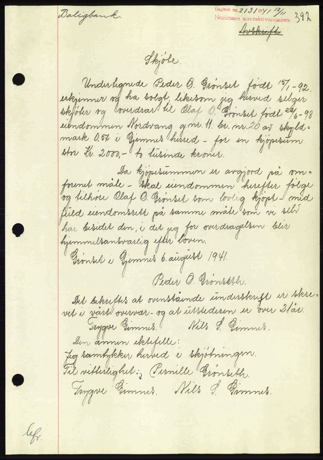 Nordmøre sorenskriveri, AV/SAT-A-4132/1/2/2Ca: Mortgage book no. A91, 1941-1942, Diary no: : 2131/1941