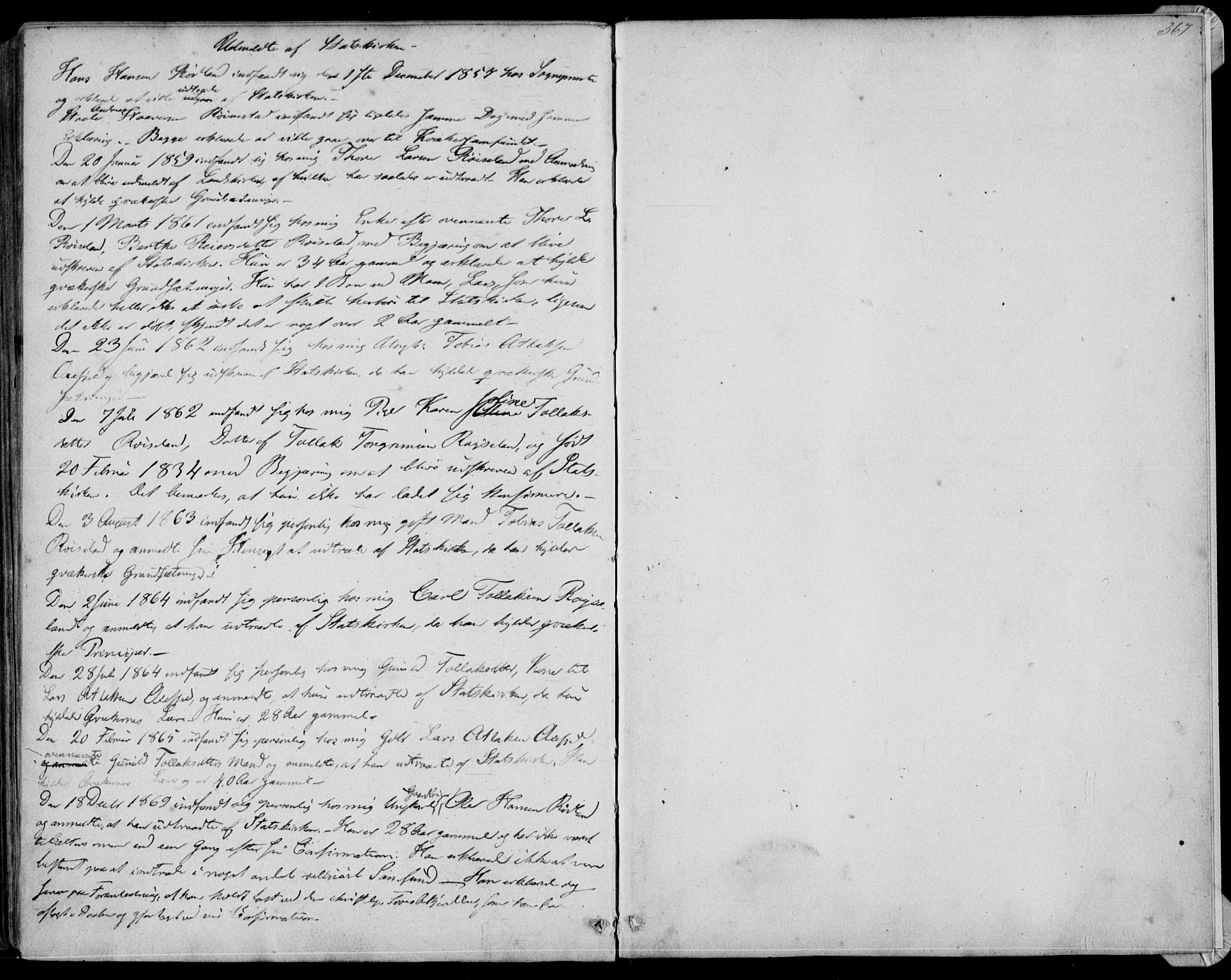 Kvinesdal sokneprestkontor, SAK/1111-0026/F/Fa/Fab/L0006: Parish register (official) no. A 6, 1857-1869, p. 367