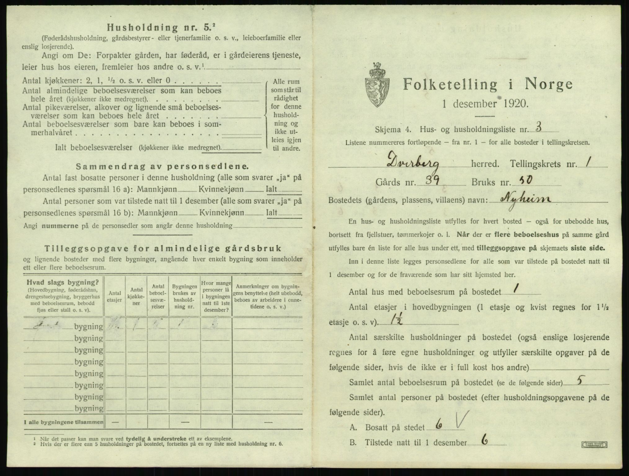 SAT, 1920 census for Dverberg, 1920, p. 68