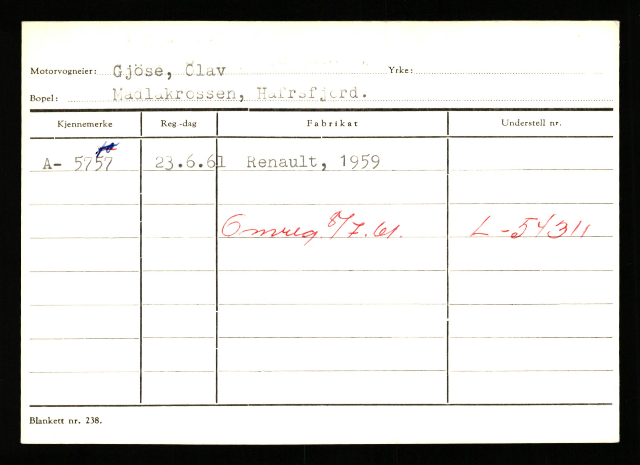 Stavanger trafikkstasjon, SAST/A-101942/0/G/L0001: Registreringsnummer: 0 - 5782, 1930-1971, p. 3385