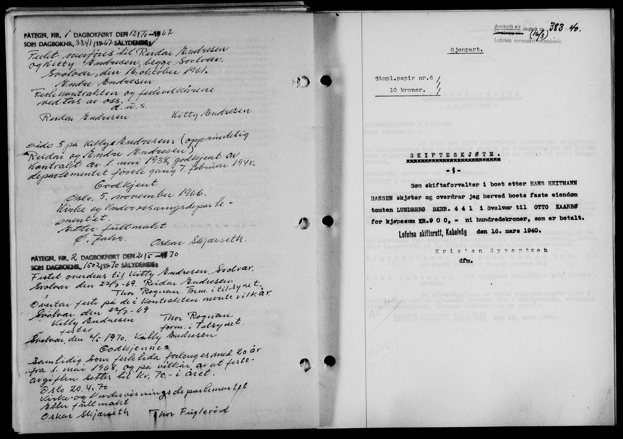 Lofoten sorenskriveri, SAT/A-0017/1/2/2C/L0007a: Mortgage book no. 7a, 1939-1940, Diary no: : 383/1940
