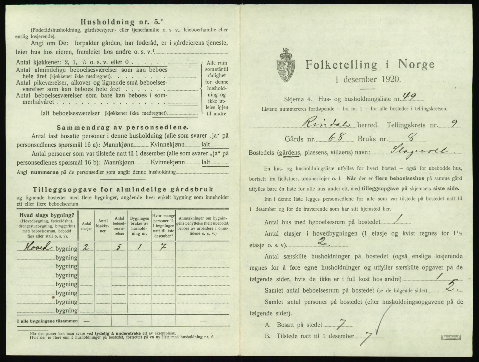 SAT, 1920 census for Rindal, 1920, p. 722