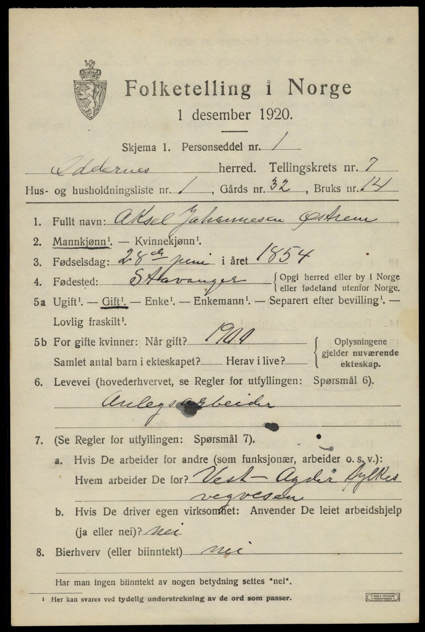 SAK, 1920 census for Oddernes, 1920, p. 5401