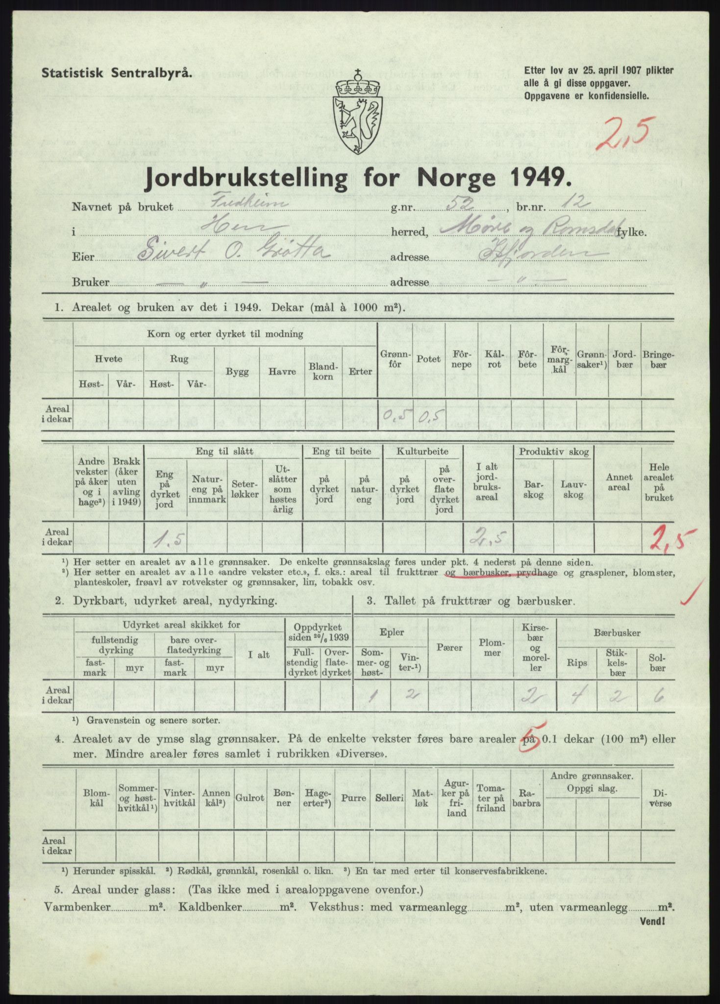 Statistisk sentralbyrå, Næringsøkonomiske emner, Jordbruk, skogbruk, jakt, fiske og fangst, AV/RA-S-2234/G/Gc/L0323: Møre og Romsdal: Grytten og Hen, 1949, p. 495