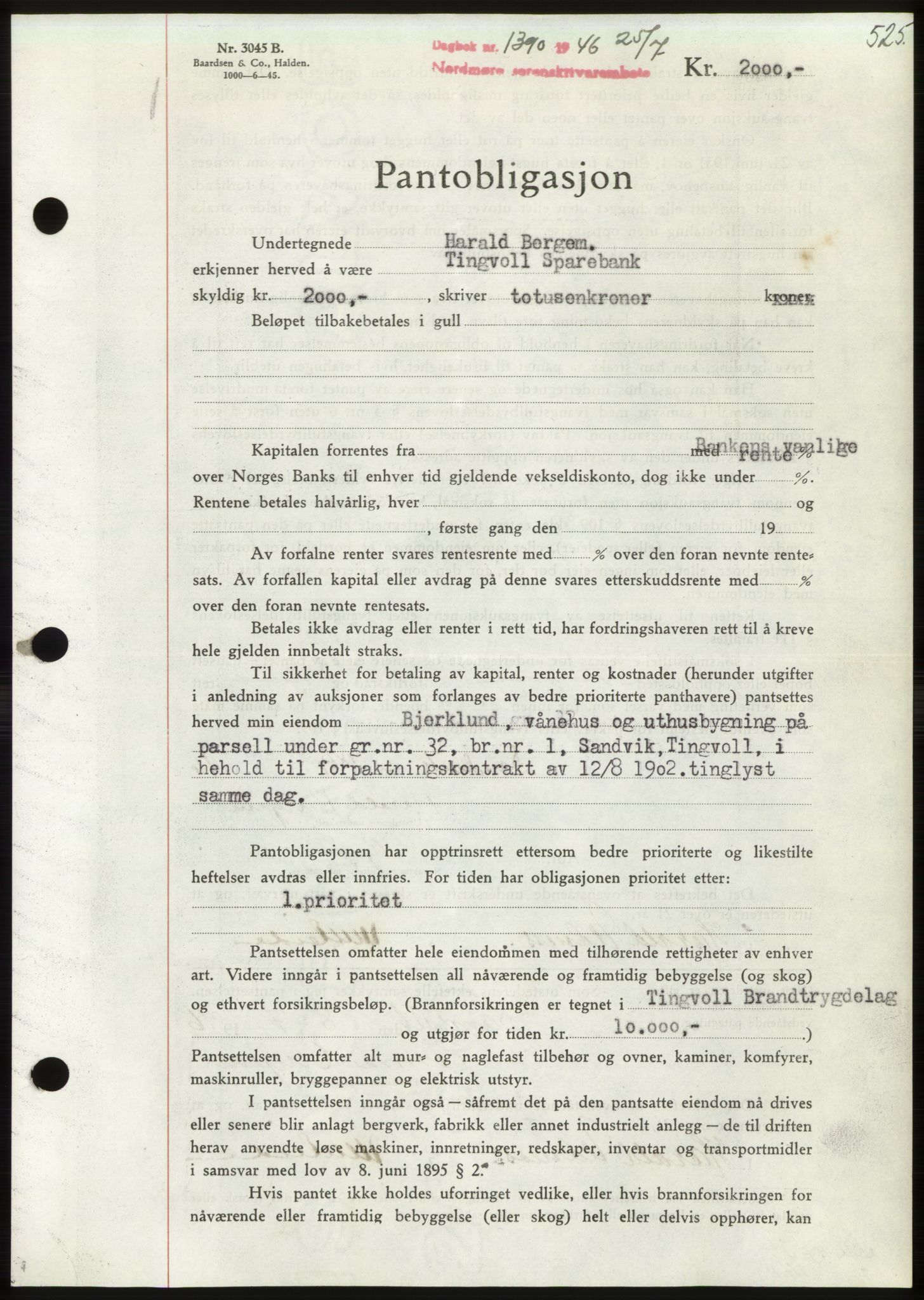 Nordmøre sorenskriveri, AV/SAT-A-4132/1/2/2Ca: Mortgage book no. B94, 1946-1946, Diary no: : 1390/1946