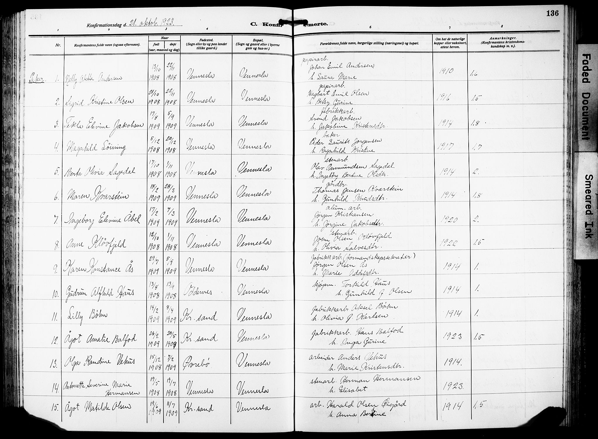 Vennesla sokneprestkontor, AV/SAK-1111-0045/Fb/Fbb/L0007: Parish register (copy) no. B 7, 1922-1933, p. 136