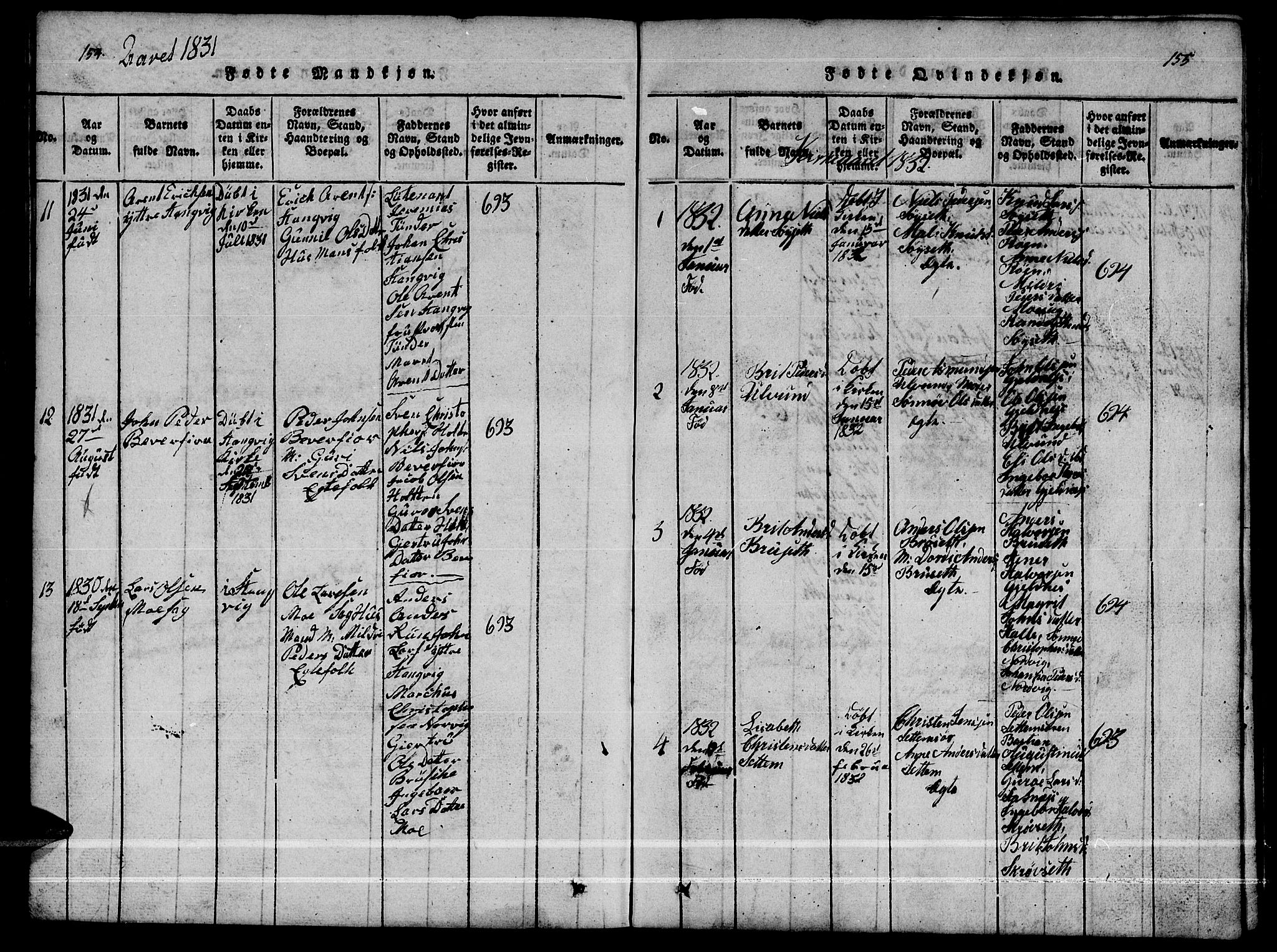 Ministerialprotokoller, klokkerbøker og fødselsregistre - Møre og Romsdal, AV/SAT-A-1454/592/L1031: Parish register (copy) no. 592C01, 1820-1833, p. 154-155