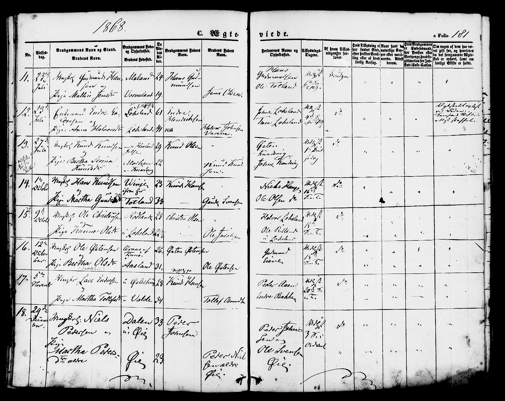 Hjelmeland sokneprestkontor, AV/SAST-A-101843/01/IV/L0011: Parish register (official) no. A 11, 1861-1878, p. 181