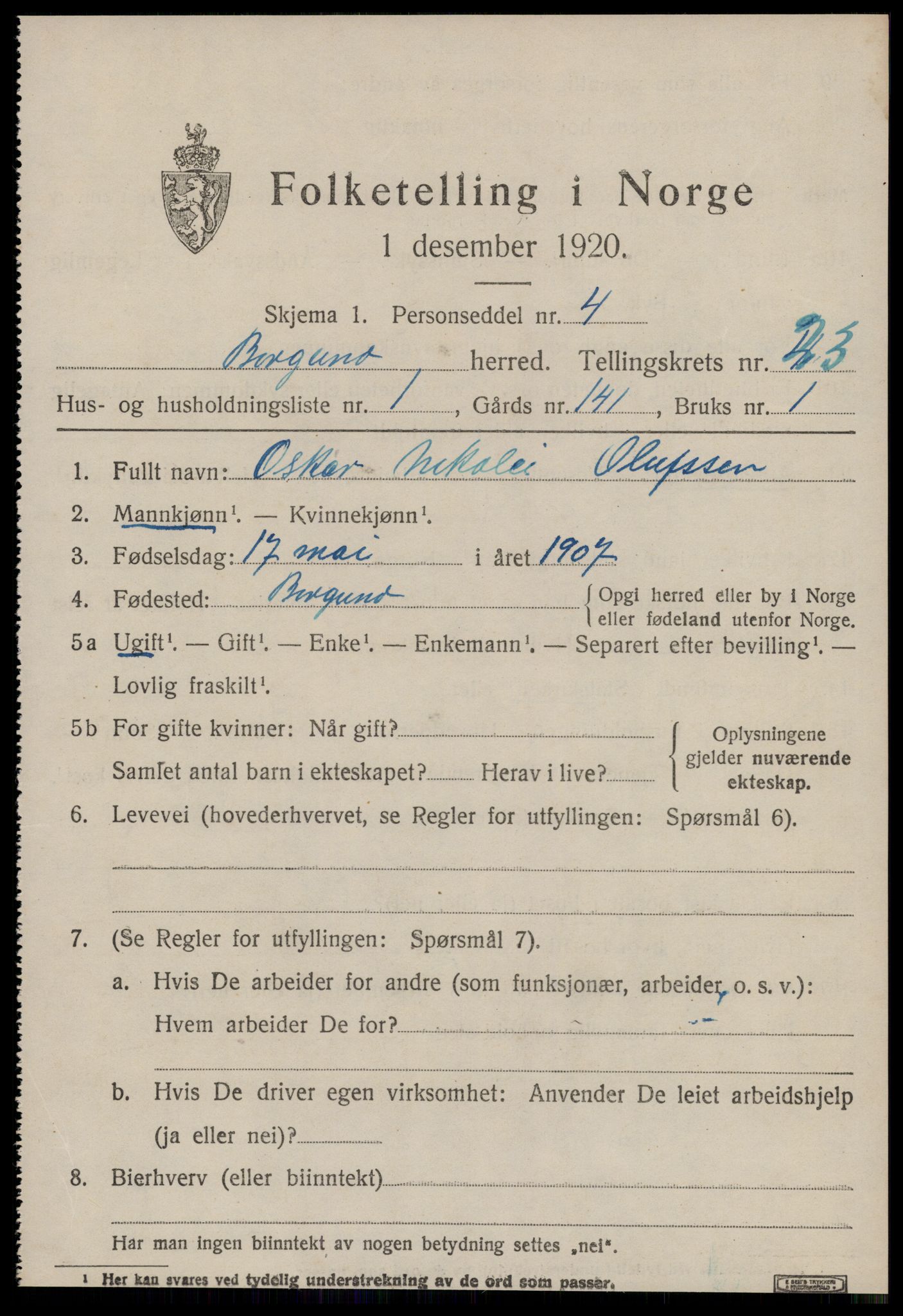 SAT, 1920 census for Borgund, 1920, p. 16340