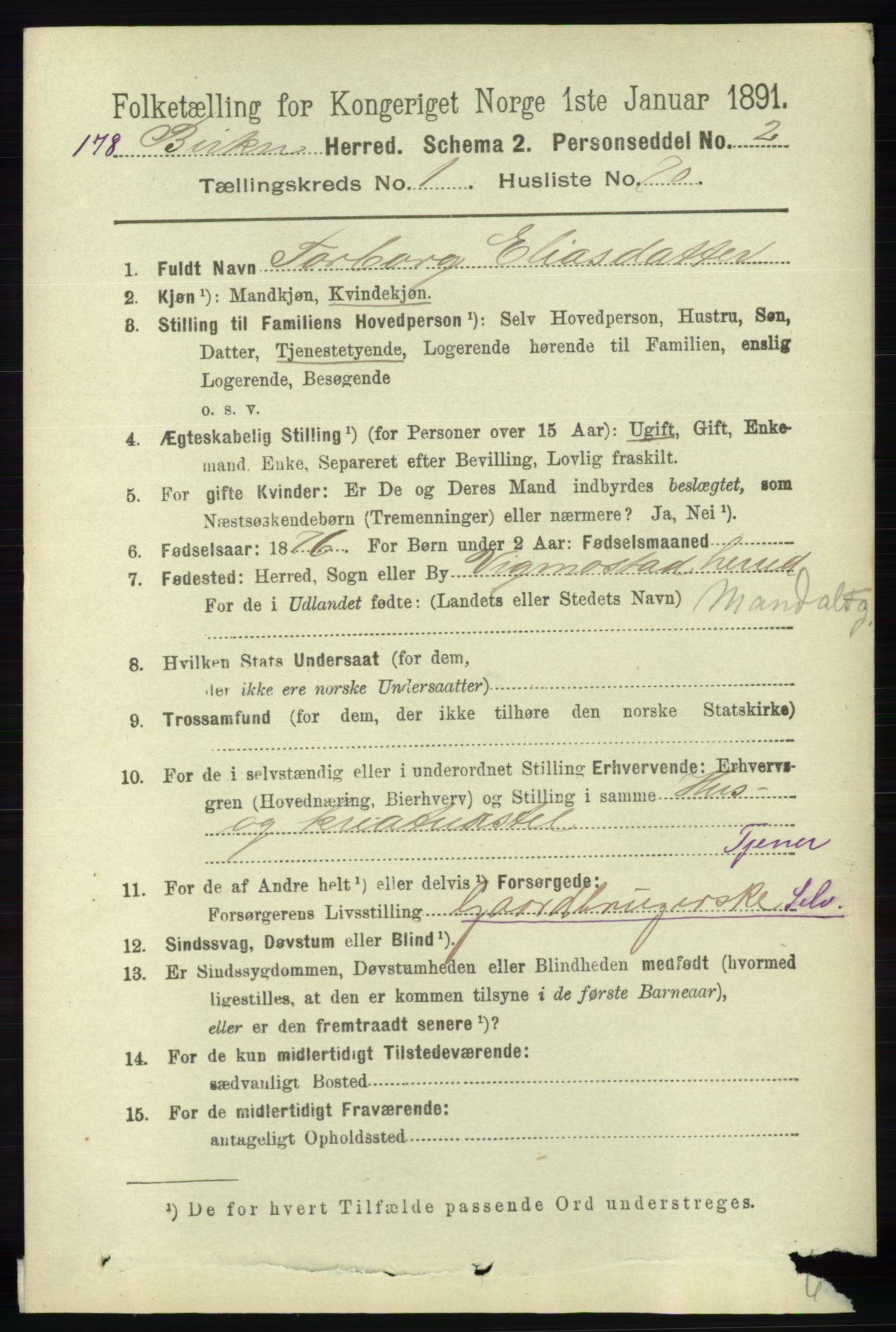 RA, 1891 Census for 0928 Birkenes, 1891, p. 445