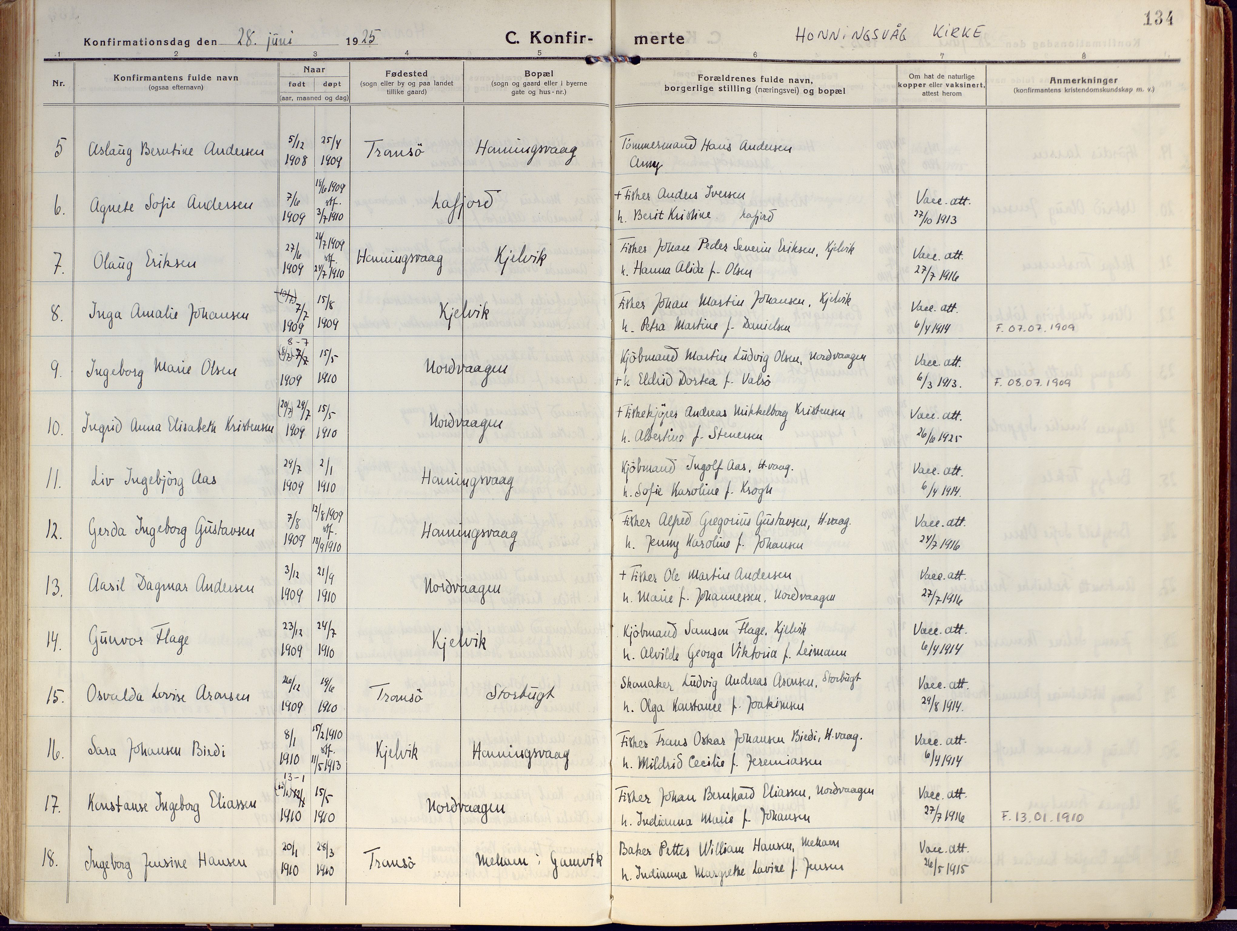 Kjelvik/Nordkapp sokneprestkontor, AV/SATØ-S-1350/H/Ha/L0002kirke: Parish register (official) no. 2, 1920-1929, p. 134