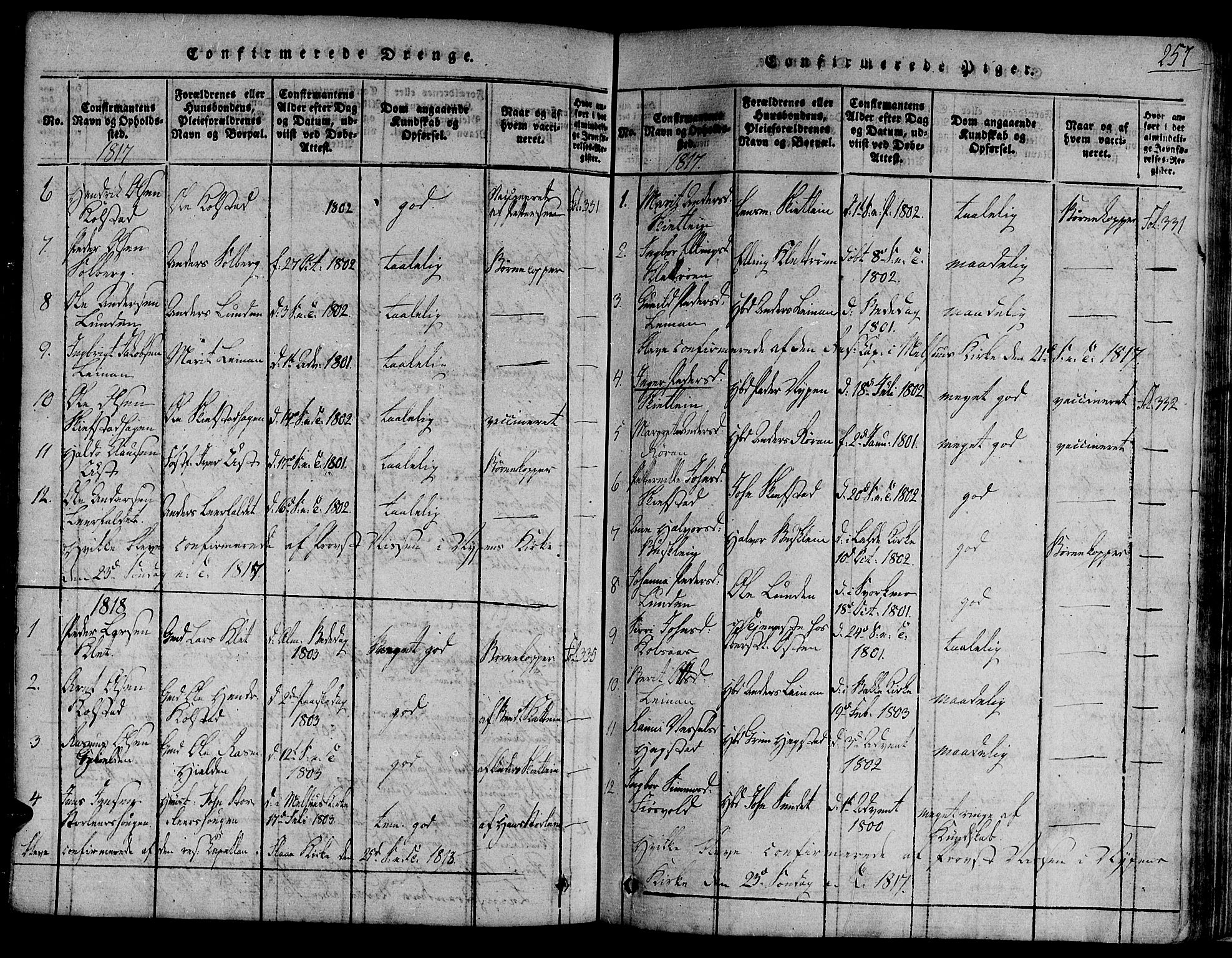 Ministerialprotokoller, klokkerbøker og fødselsregistre - Sør-Trøndelag, SAT/A-1456/691/L1067: Parish register (official) no. 691A03 /3, 1816-1826, p. 257