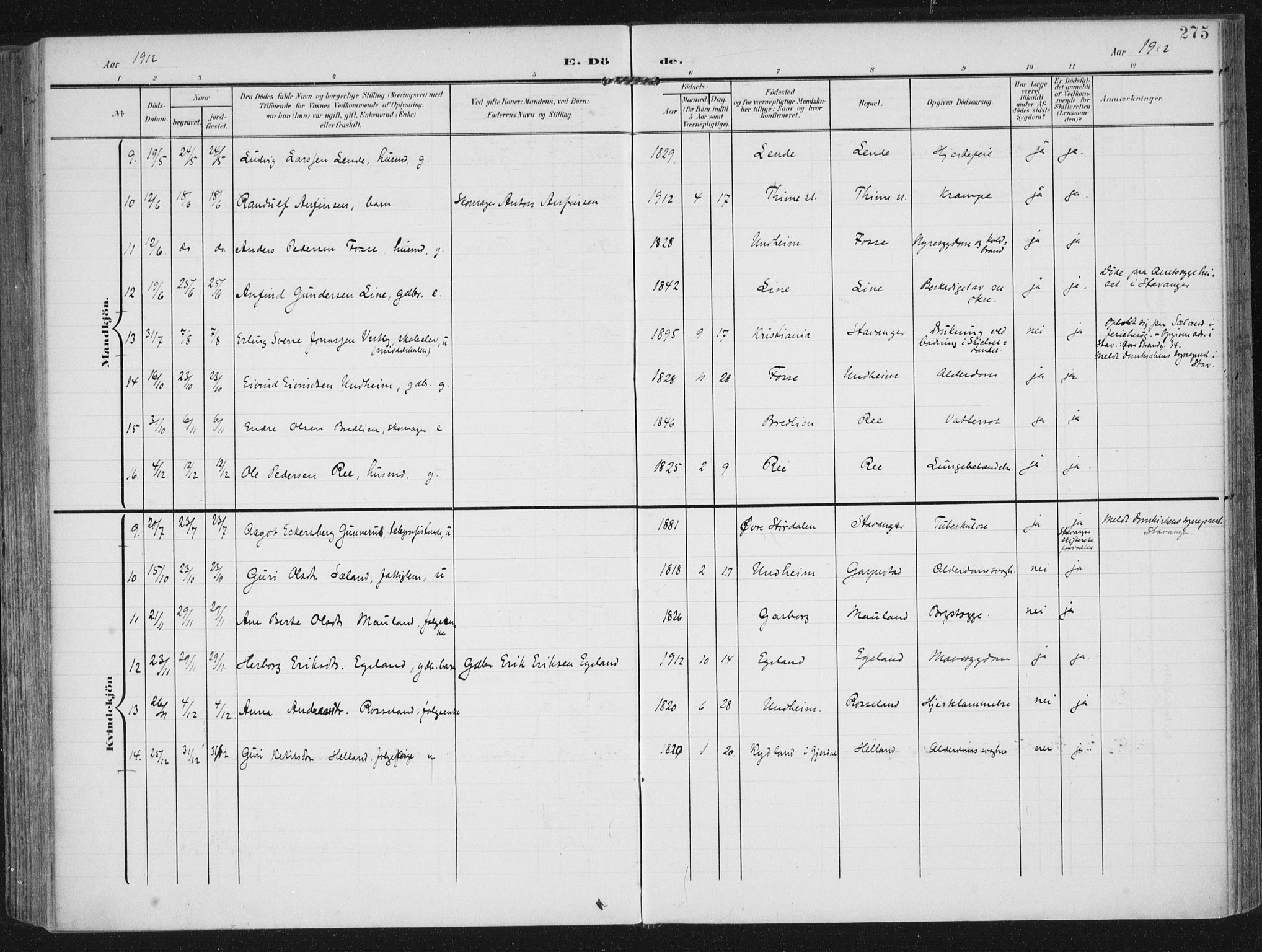 Lye sokneprestkontor, AV/SAST-A-101794/002/A/L0001: Parish register (official) no. A 12, 1904-1920, p. 275