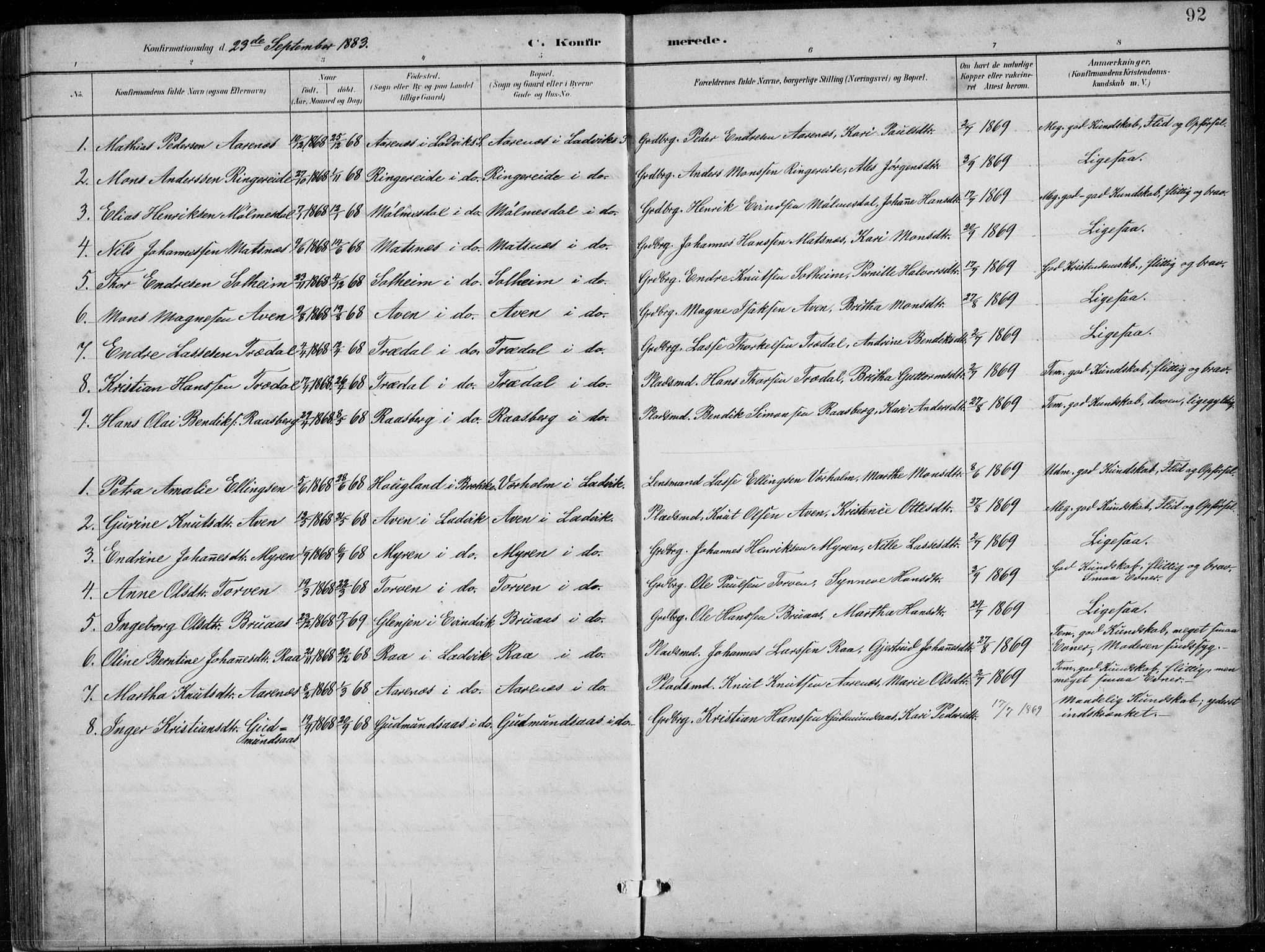 Lavik sokneprestembete, SAB/A-80901: Parish register (copy) no. A 2, 1882-1910, p. 92