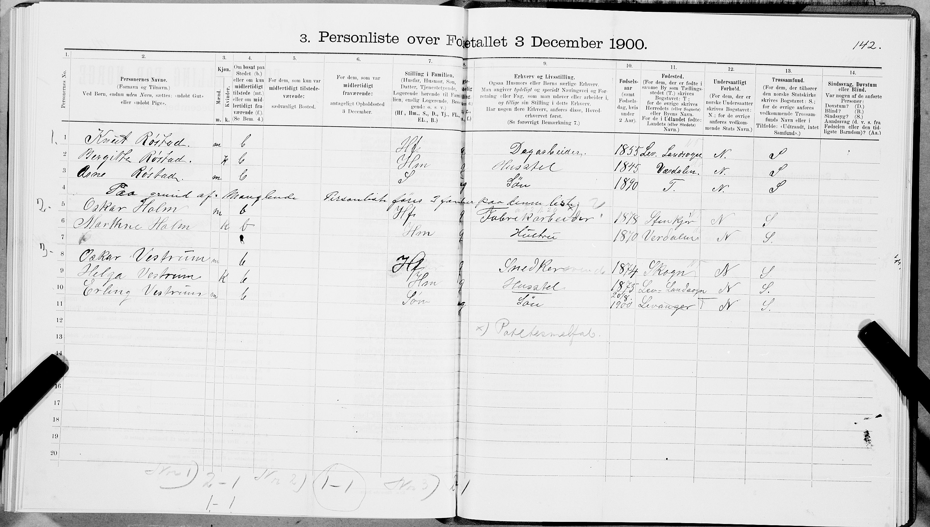 SAT, 1900 census for Levanger, 1900, p. 485