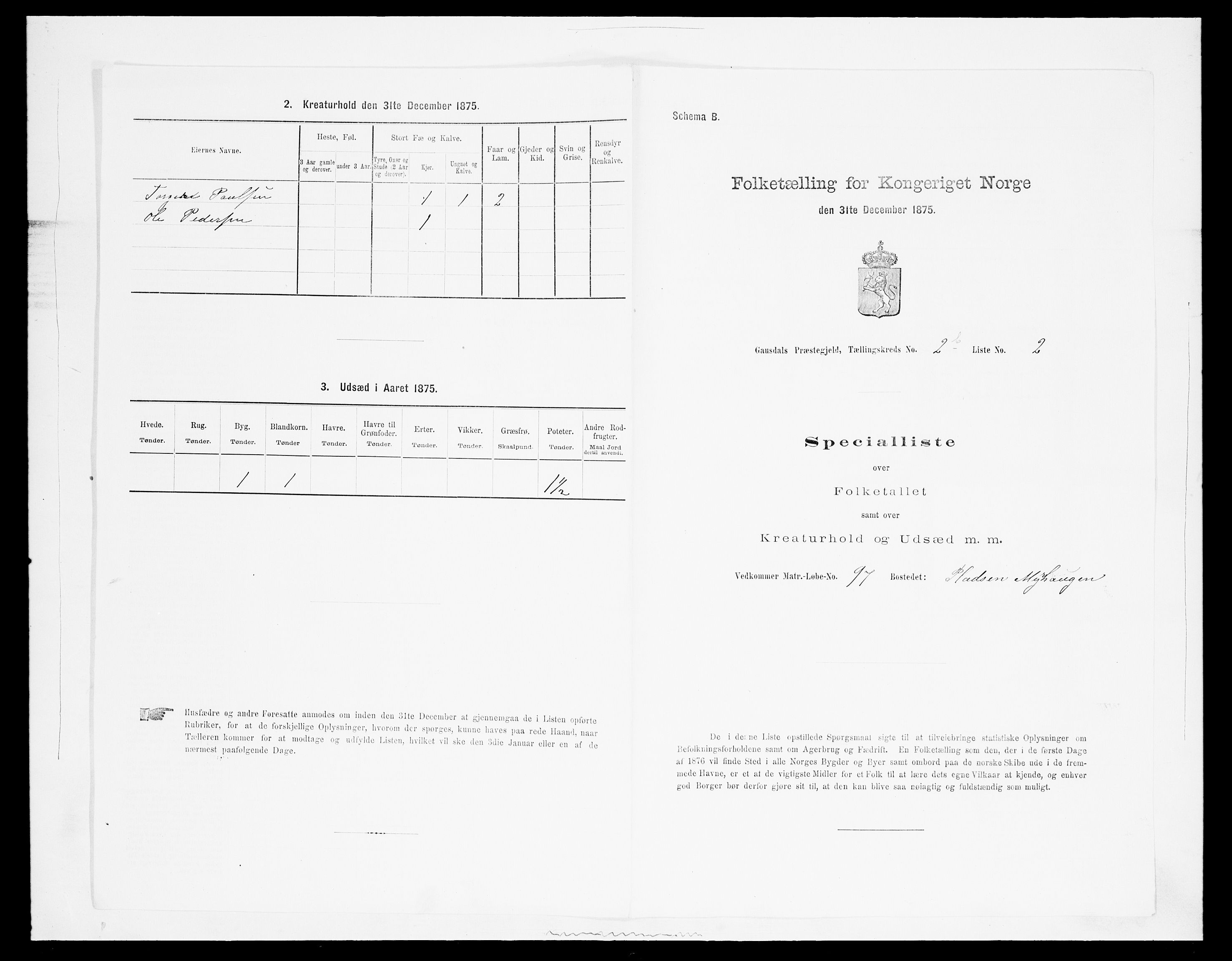 SAH, 1875 census for 0522P Gausdal, 1875, p. 444