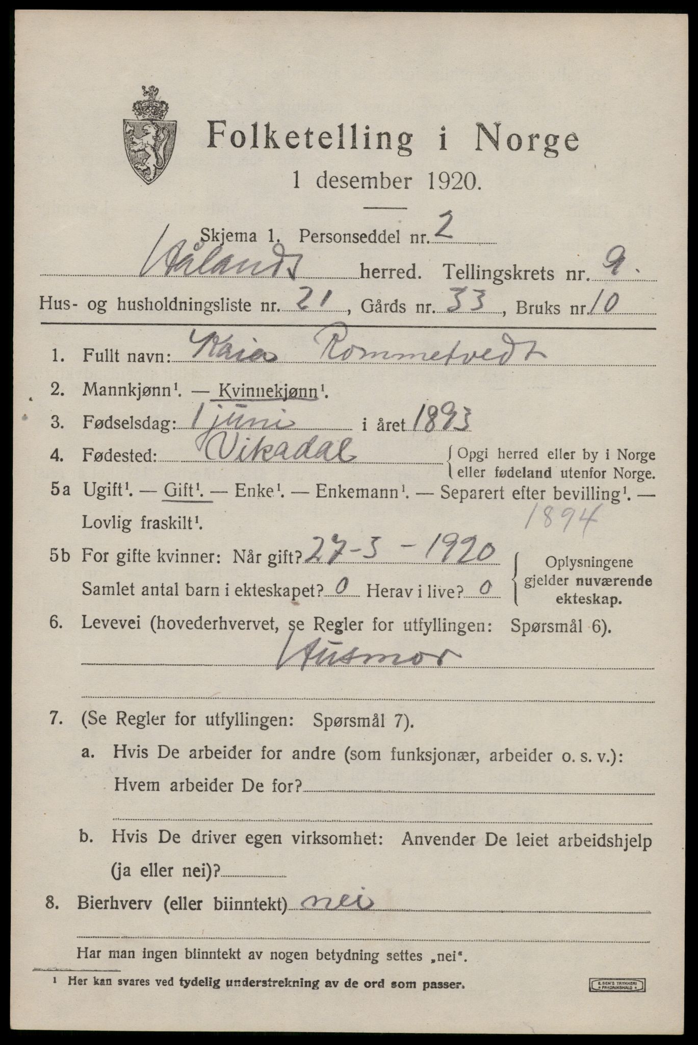 SAST, 1920 census for Håland, 1920, p. 7209