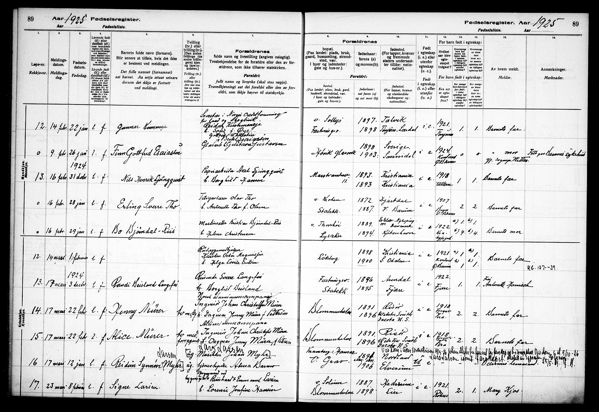 Østre Bærum prestekontor Kirkebøker, AV/SAO-A-10887/J/Ja/L0002: Birth register no. 2, 1922-1928, p. 89