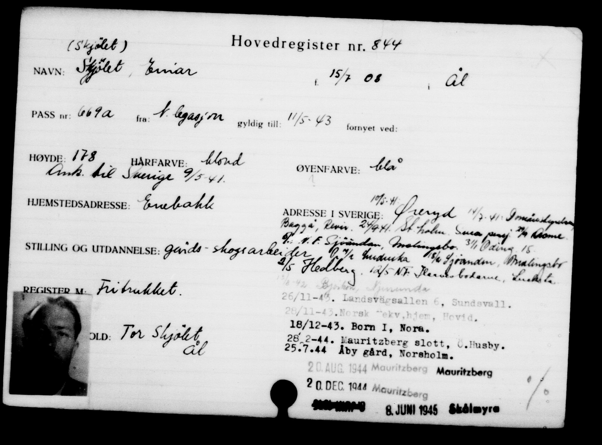 Utenriksstasjonene, Legasjonen i Stockholm, Flyktningkontoret, AV/RA-S-6753/V/Va/L0001: Kjesäterkartoteket, flyktninger med registreringsnr. 1-1000, 1940-1945, p. 1340