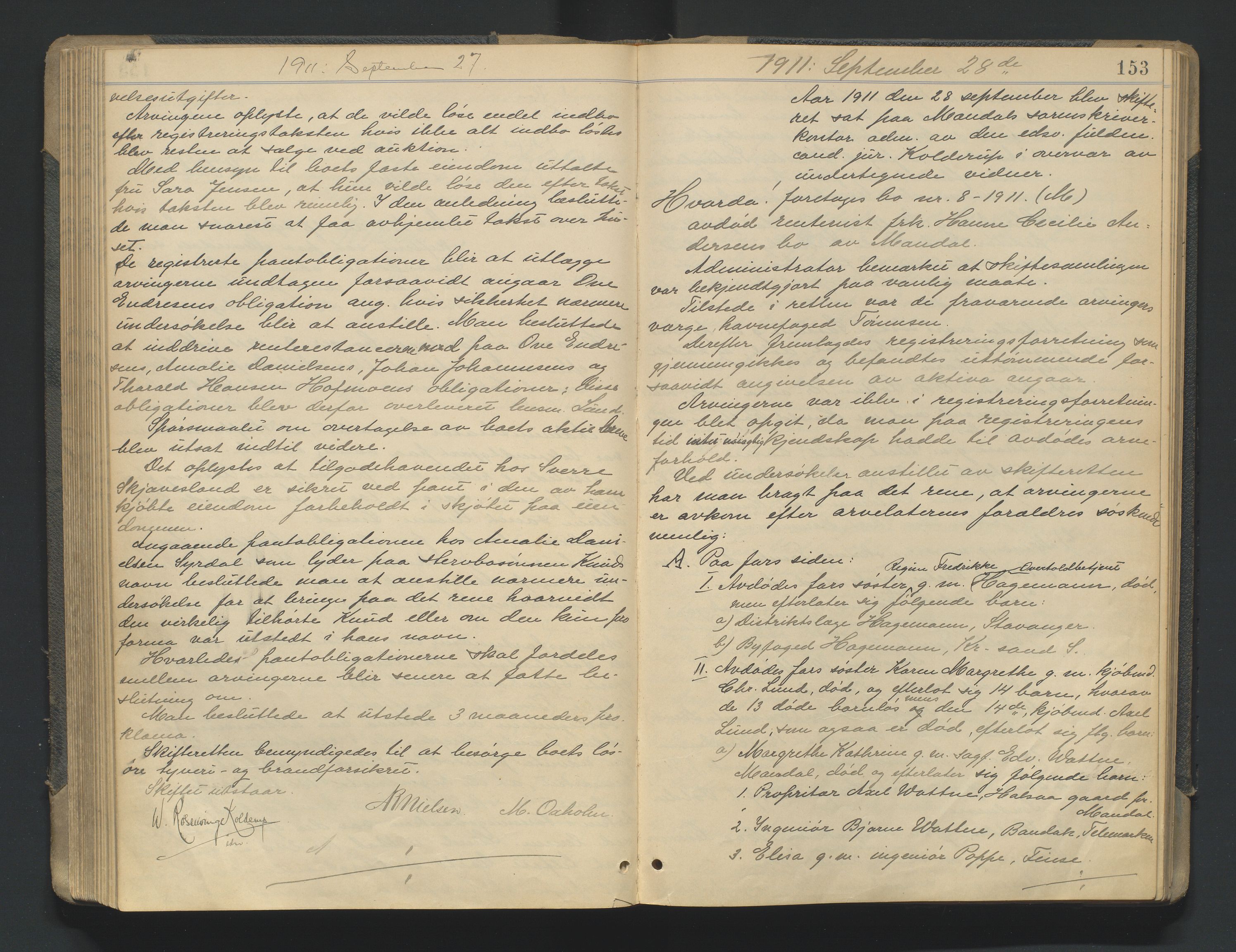 Mandal sorenskriveri, AV/SAK-1221-0005/001/H/Hc/L0081: Skifteforhandlingsprotokoll nr 13, 1909-1913, p. 153
