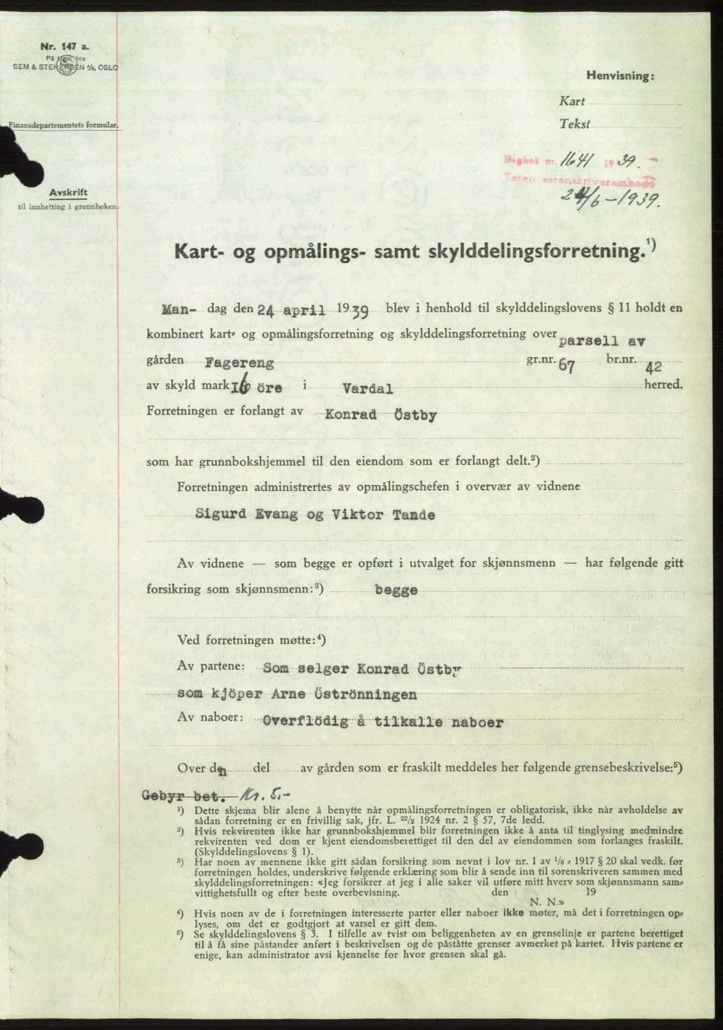 Toten tingrett, SAH/TING-006/H/Hb/Hbc/L0006: Mortgage book no. Hbc-06, 1939-1939, Diary no: : 1641/1939