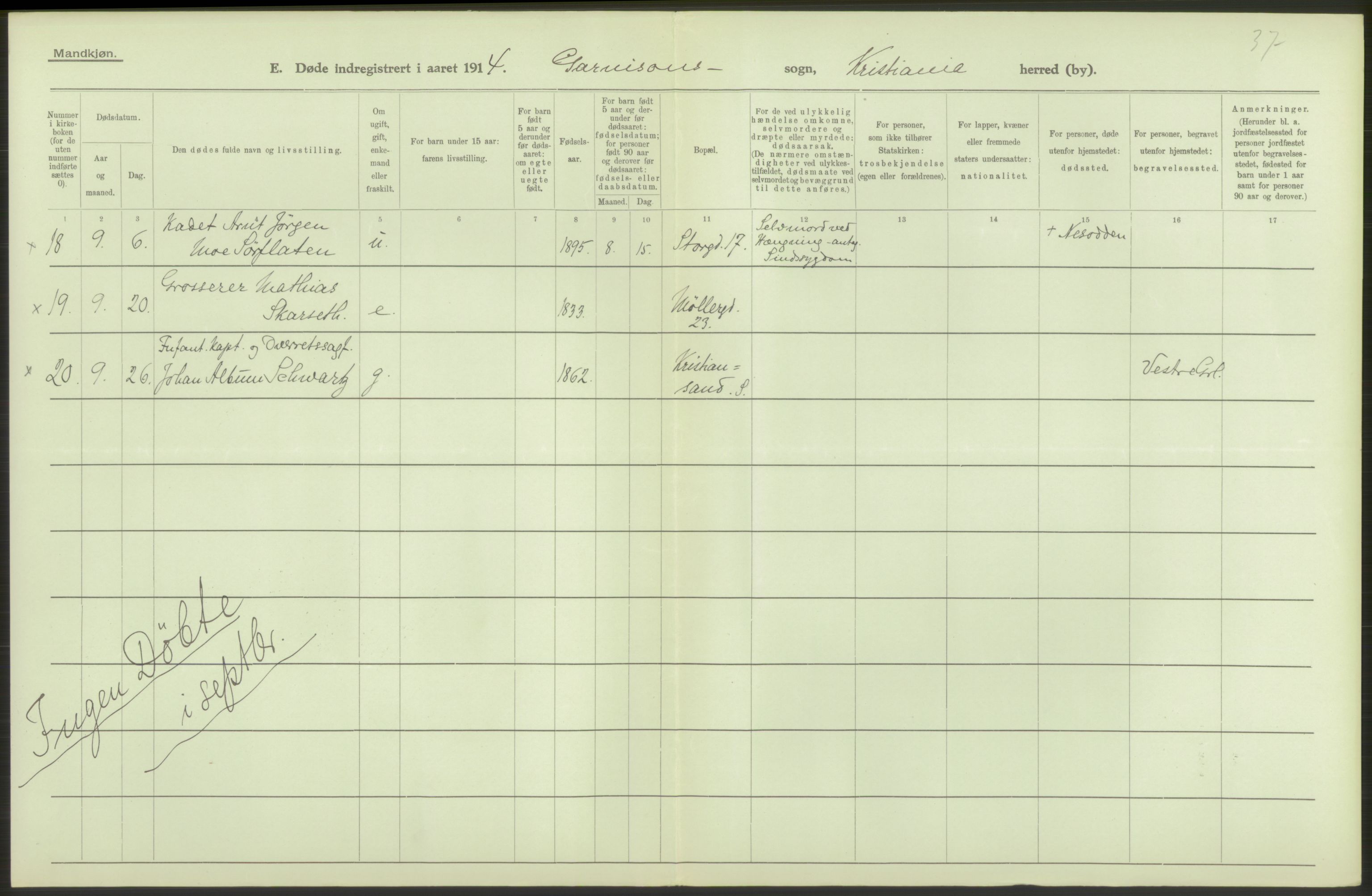 Statistisk sentralbyrå, Sosiodemografiske emner, Befolkning, AV/RA-S-2228/D/Df/Dfb/Dfbd/L0008: Kristiania: Døde, 1914, p. 8