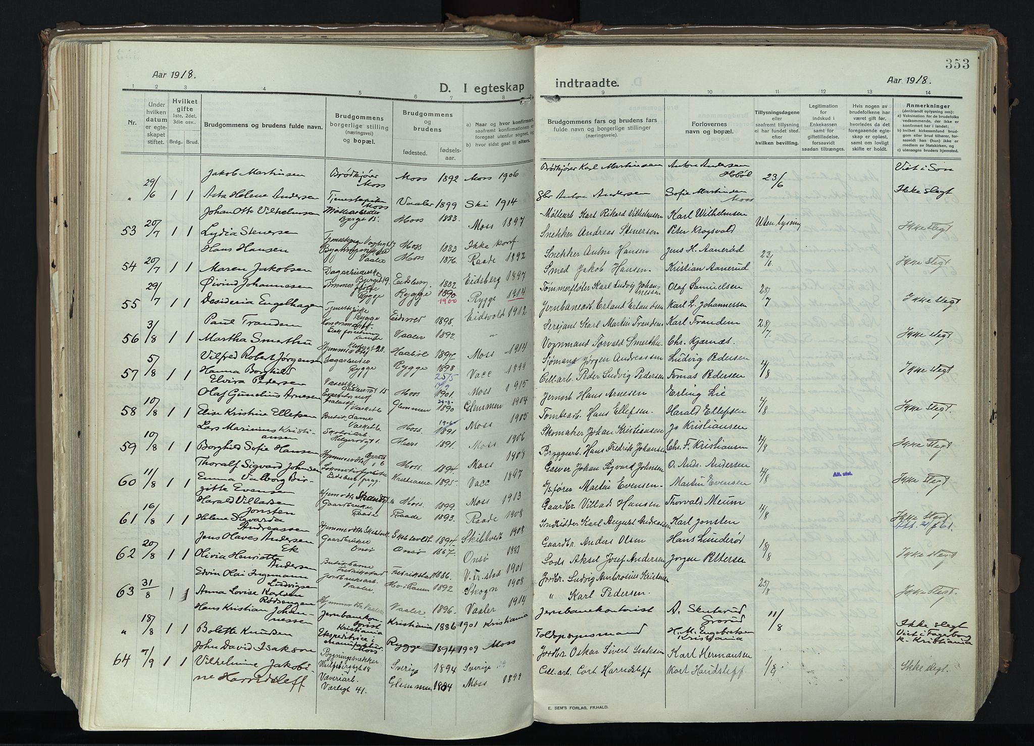 Moss prestekontor Kirkebøker, AV/SAO-A-2003/F/Fb/L0005: Parish register (official) no. II 5, 1913-1923, p. 353