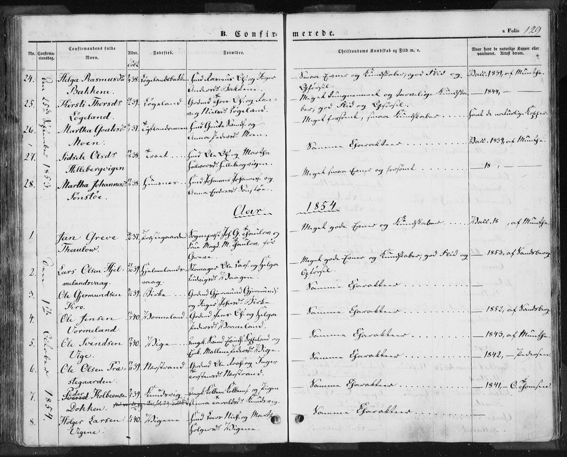 Hjelmeland sokneprestkontor, AV/SAST-A-101843/01/IV/L0009: Parish register (official) no. A 9, 1846-1860, p. 129