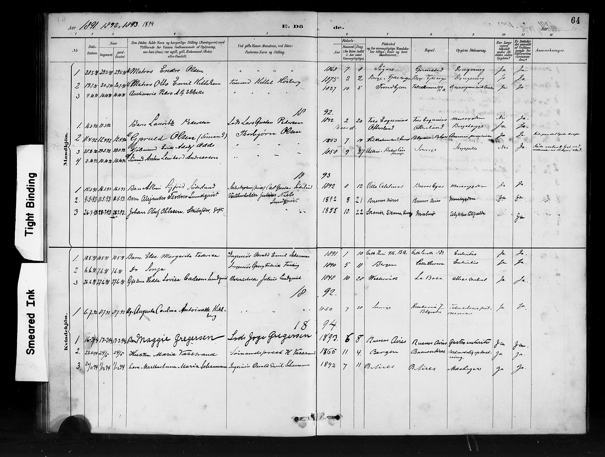 Den norske sjømannsmisjon i utlandet/Syd-Amerika (Buenos Aires m.fl.), SAB/SAB/PA-0118/H/Ha/L0001: Parish register (official) no. A 1, 1888-1898, p. 64
