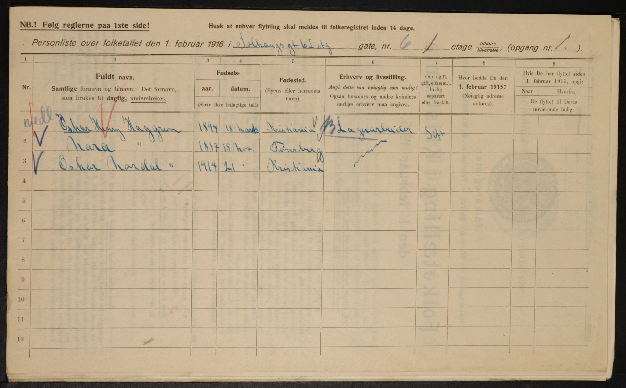 OBA, Municipal Census 1916 for Kristiania, 1916, p. 101915