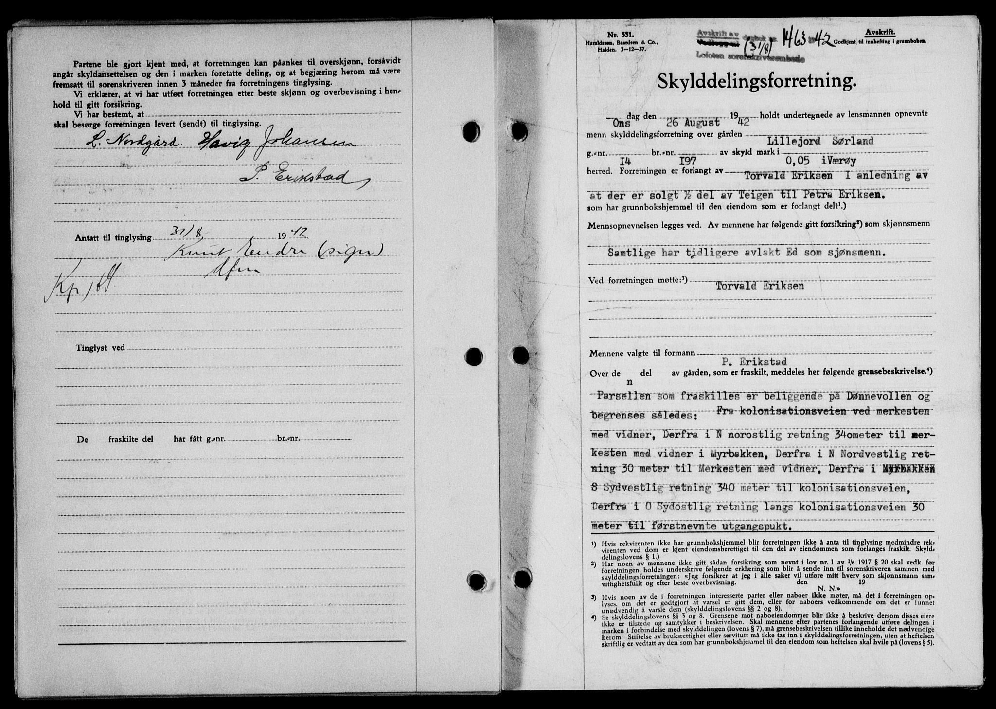 Lofoten sorenskriveri, SAT/A-0017/1/2/2C/L0010a: Mortgage book no. 10a, 1942-1943, Diary no: : 1463/1942