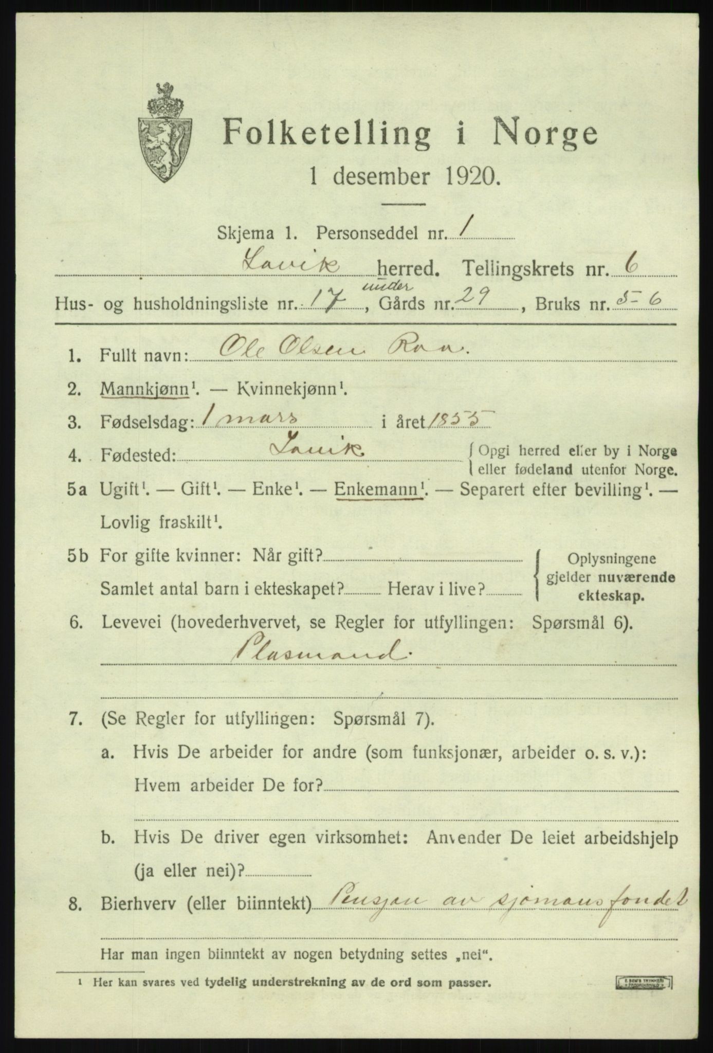 SAB, 1920 census for Lavik, 1920, p. 1518