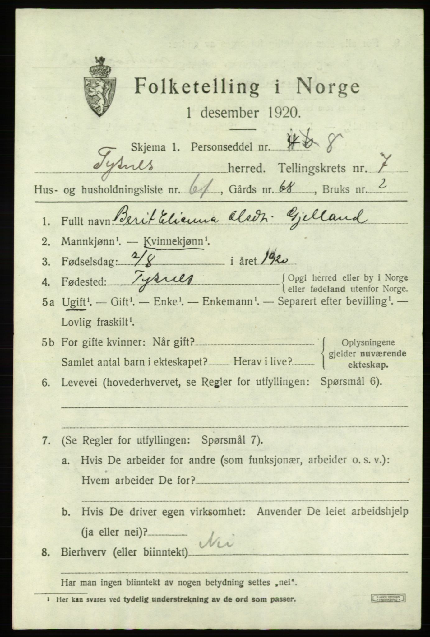 SAB, 1920 census for Tysnes, 1920, p. 5268